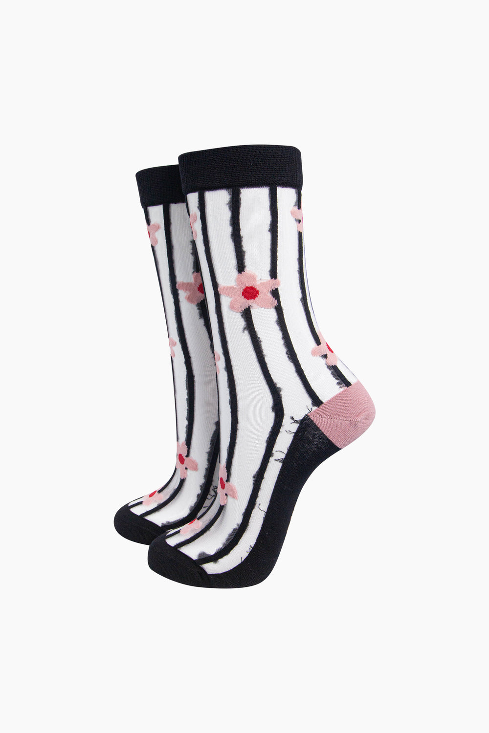 Stripe-&-Daisy-Sheer-Socks-in-Black/Pink-On-Mannequin