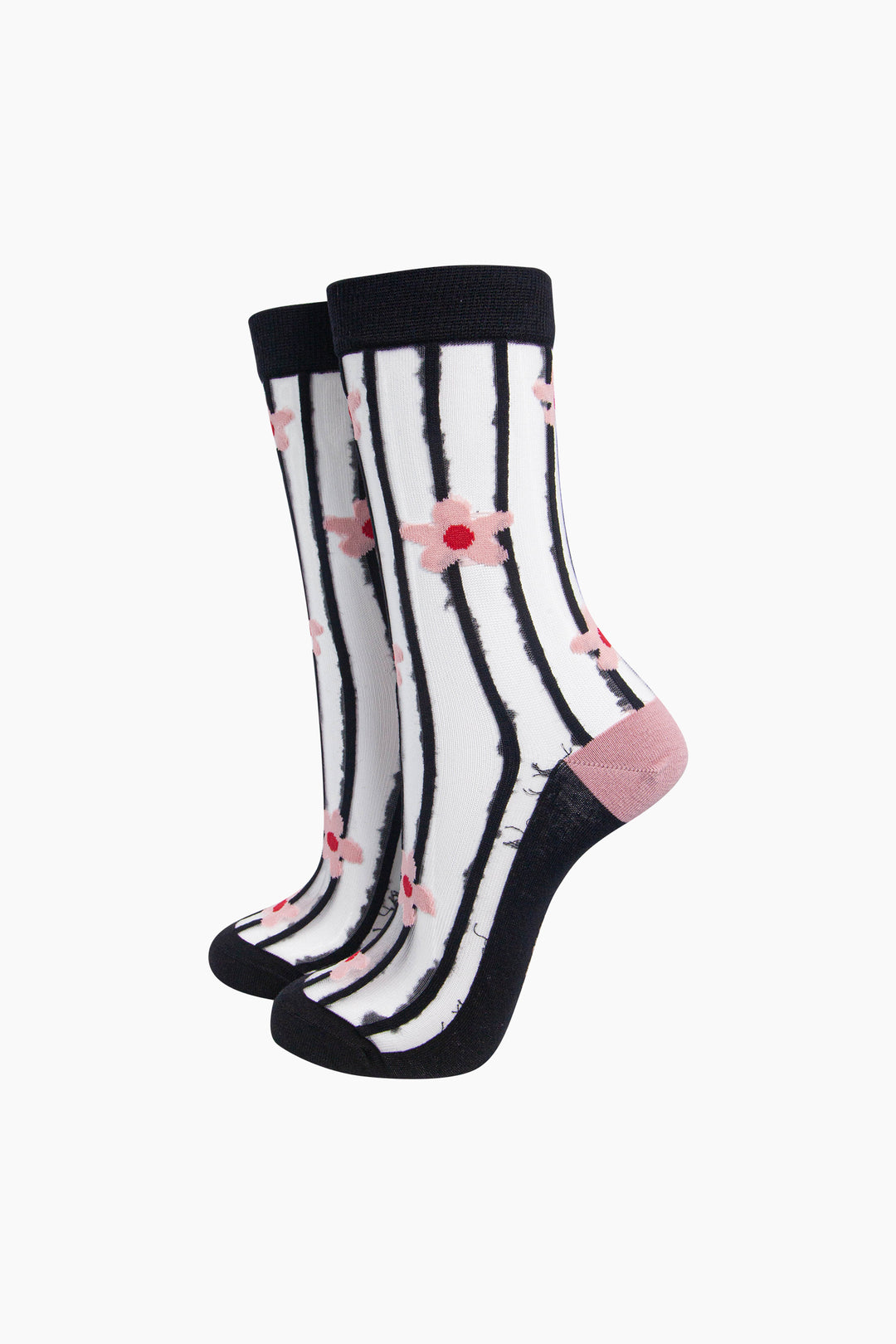 Stripe & Daisy Sheer Socks in Black/Pink