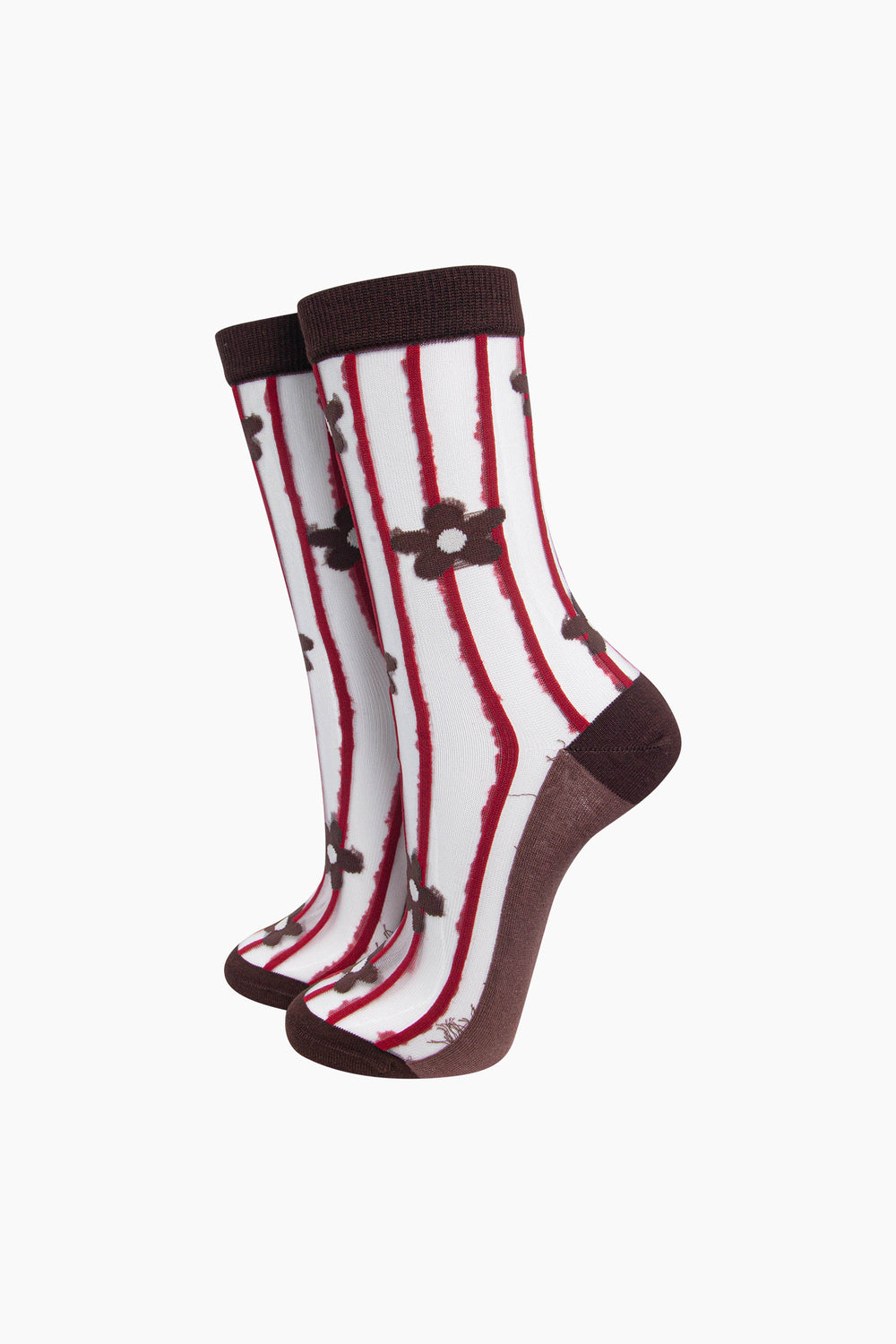 Stripe-&-Daisy-Sheer-Socks-in-Brown/Red-On-Mannequin