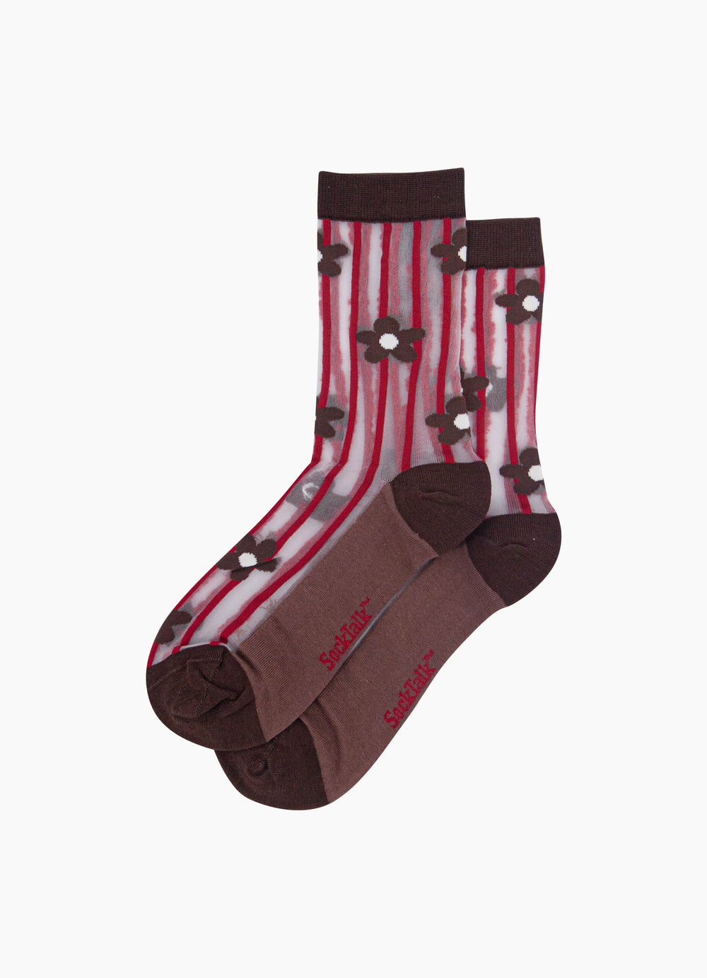 Stripe-&-Daisy-Sheer-Socks-in-Brown/Red-Laid-Flat