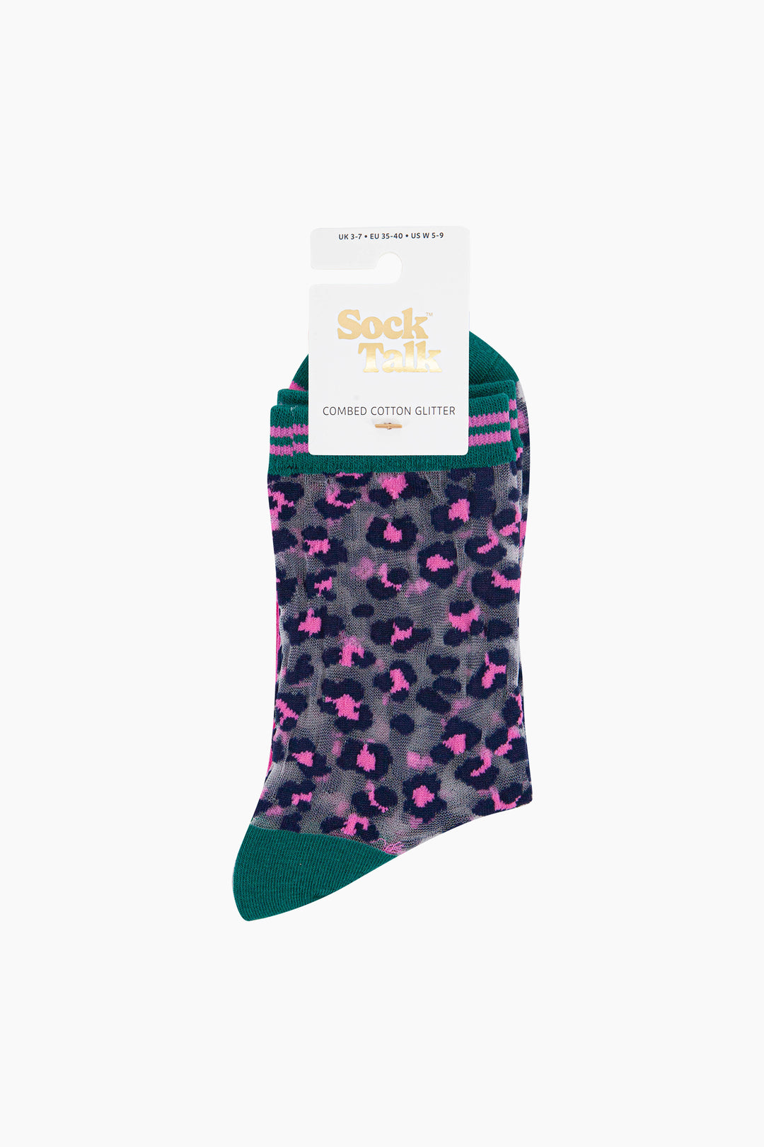 Leopard-Print-Combed-Cotton-Sheer-Pop-Socks-in-Green/Pink-In-Packaging