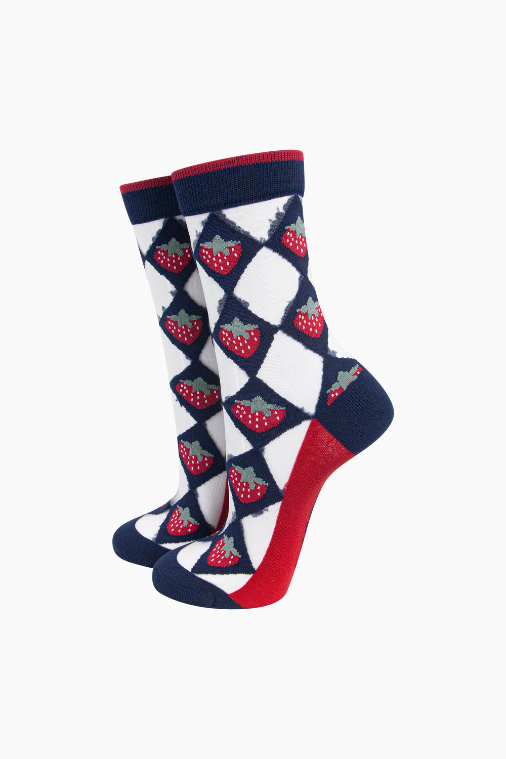 Strawberry-Diamond-Sheer-Socks-in-Navy-Blue/Red-On-Mannequin