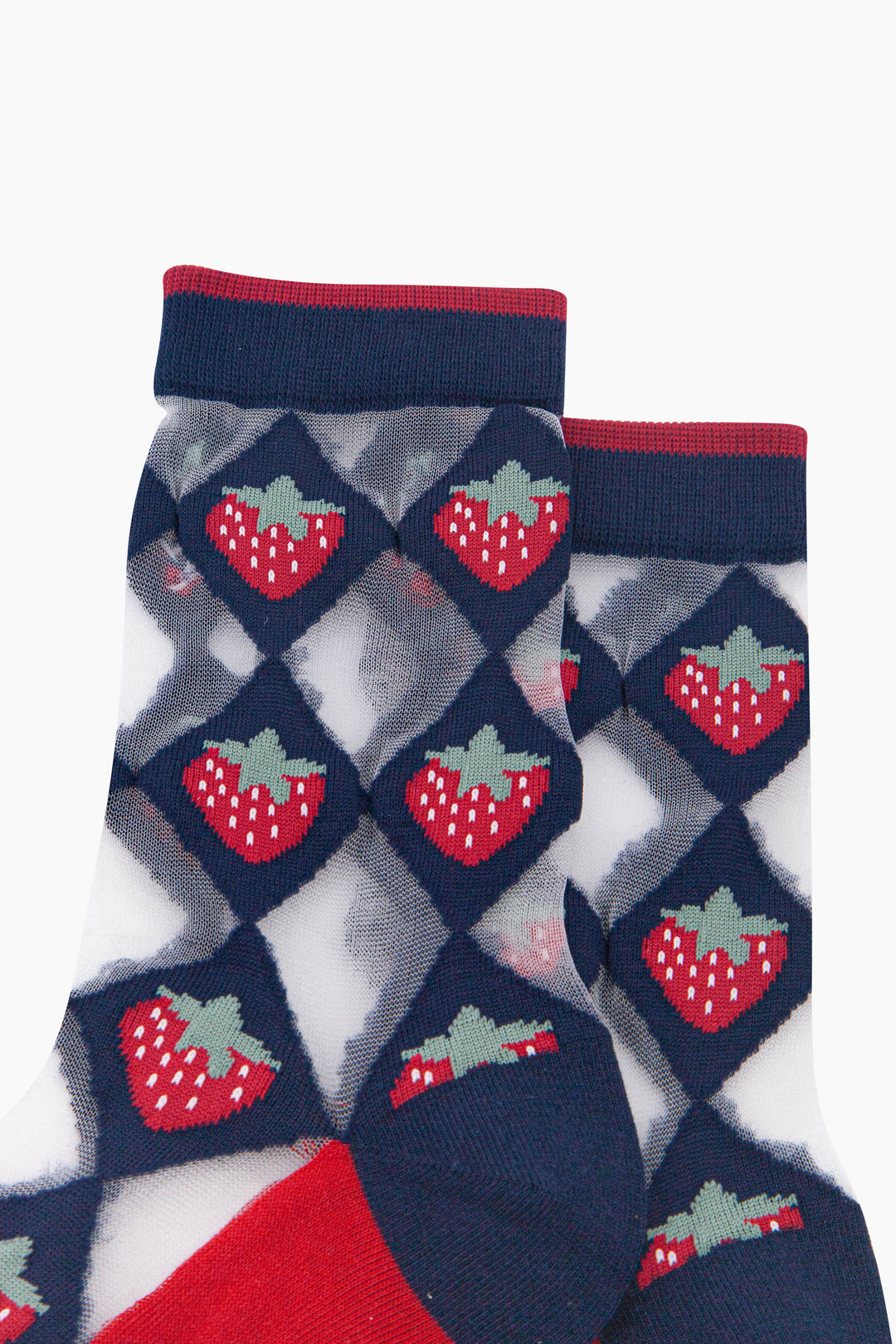 Strawberry-Diamond-Sheer-Socks-in-Navy-Blue/Red-Close-Up
