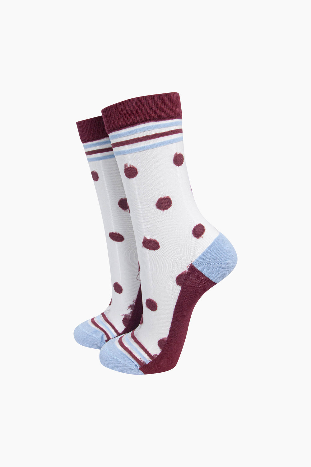 Polka-Dot-Sheer-Socks-in-Red/Icy-Blue-On-Mannequin