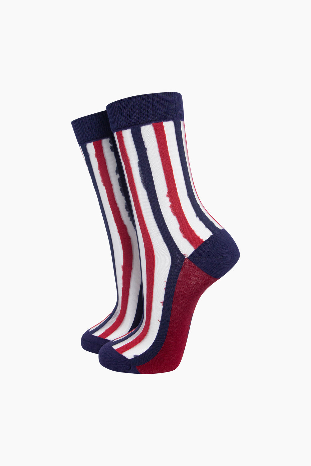 Stripe-Sheer-Socks-in-Navy-Blue/Red-On-Mannequin
