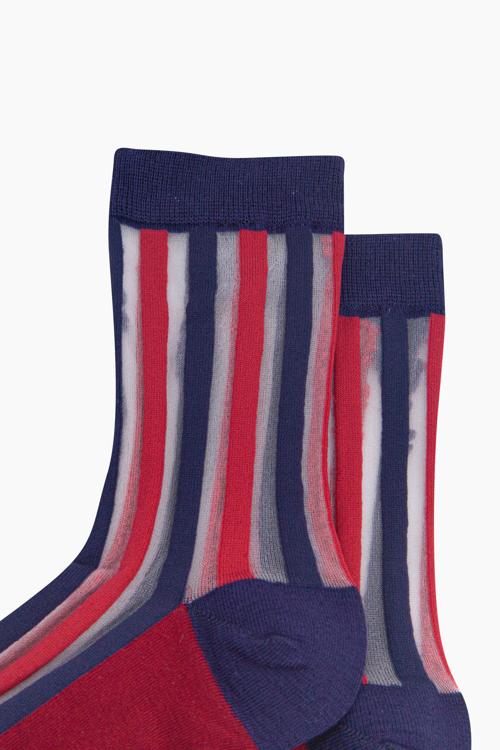 Stripe-Sheer-Socks-in-Navy-Blue/Red-Close-Up