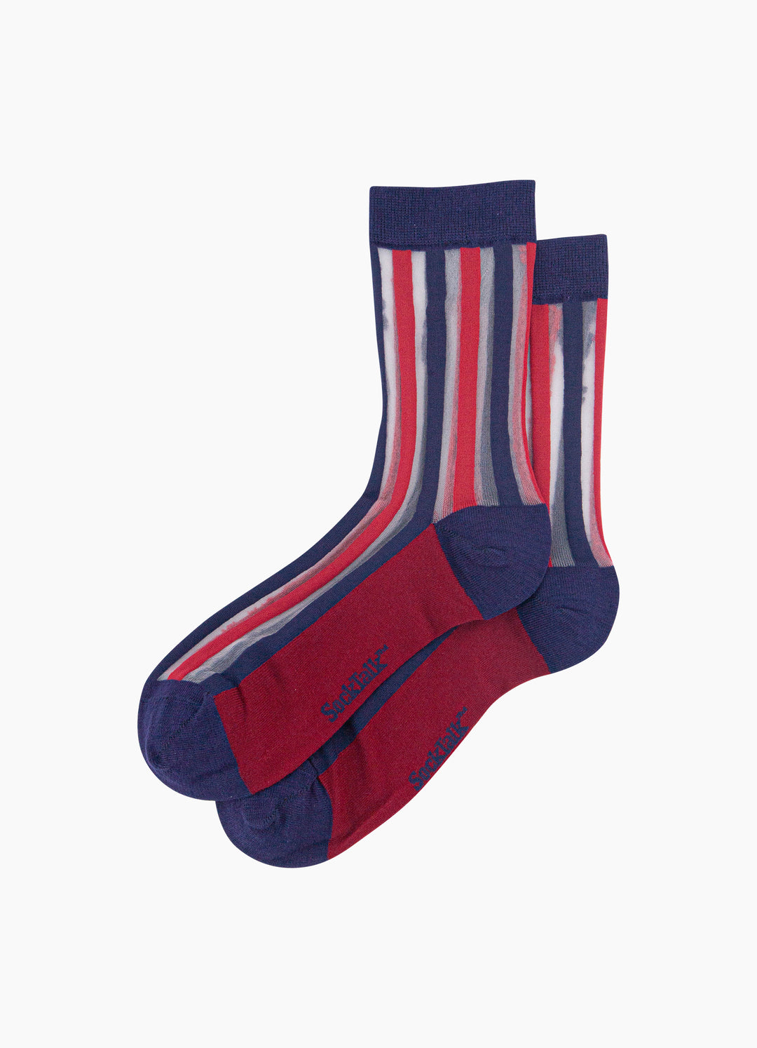 Stripe-Sheer-Socks-in-Navy-Blue/Red-Laid-Flat