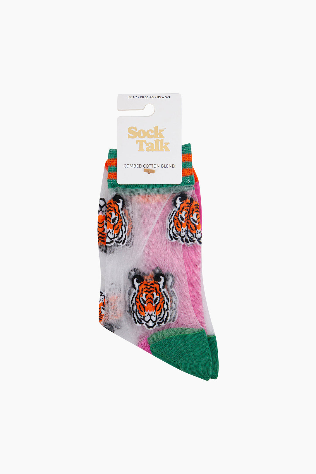 Tiger-Faces-Combed-Cotton-Sheer-Pop-Socks-in-Green-In-Packaging