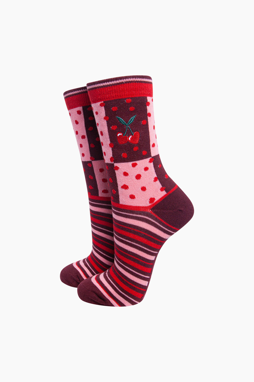 Heart Cherry Combed Cotton Pattern Embroidered Socks in Pink/Burgundy