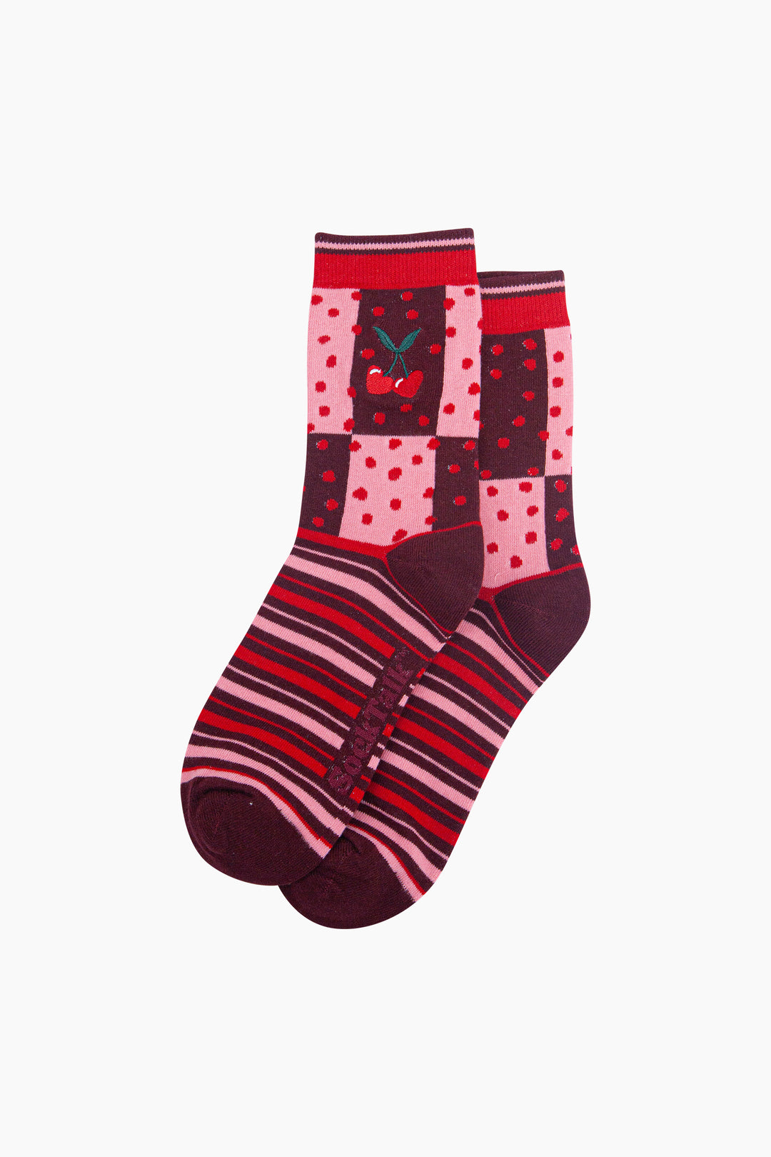 Heart-Cherry-Combed-Cotton-Pattern-Embroidered-Socks-in-Pink/Burgundy-Laid-Flat