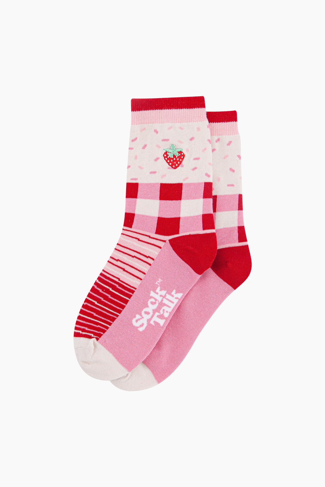 Embroidered-Strawberry-Combed-Cotton-Socks-in-Pink-lying-flat