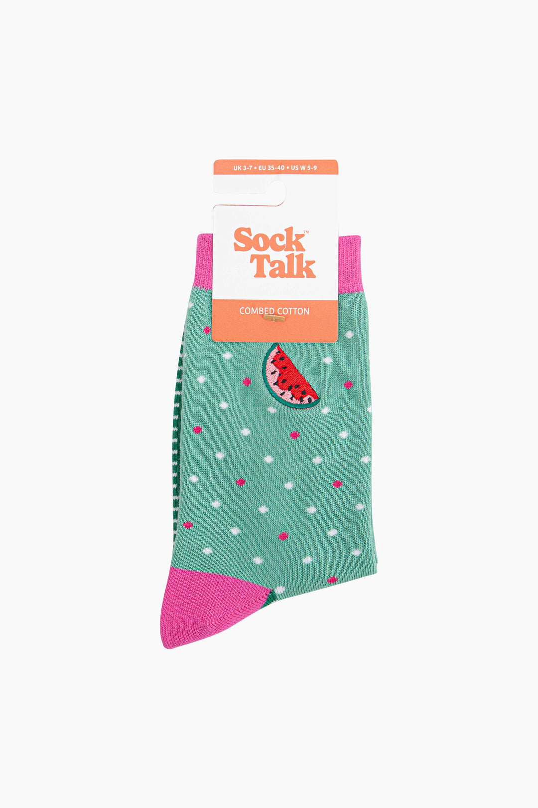 Embroidered-Watermelon-Combed-Cotton-Socks-in-Mint/Pink-Closeup-in-packaging
