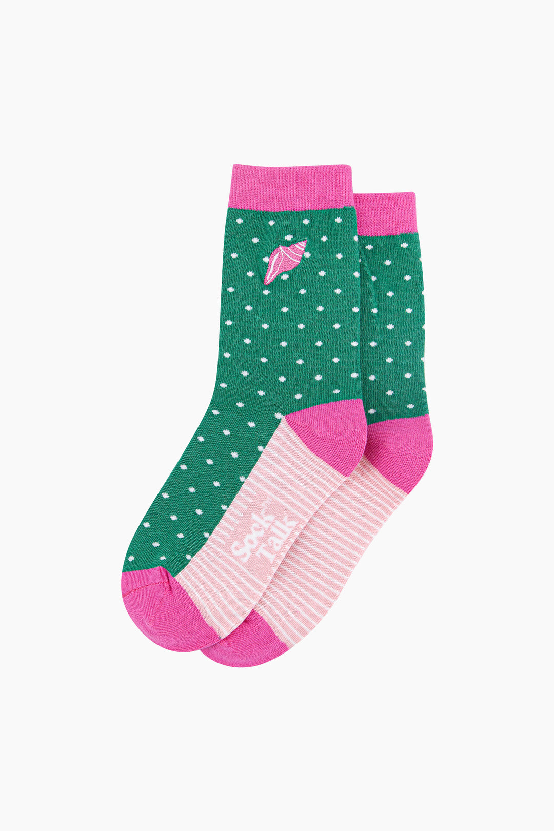 Embroidered-Conch-Shell-Combed-Cotton-Socks-in-Green-Pink-Lying-Flat