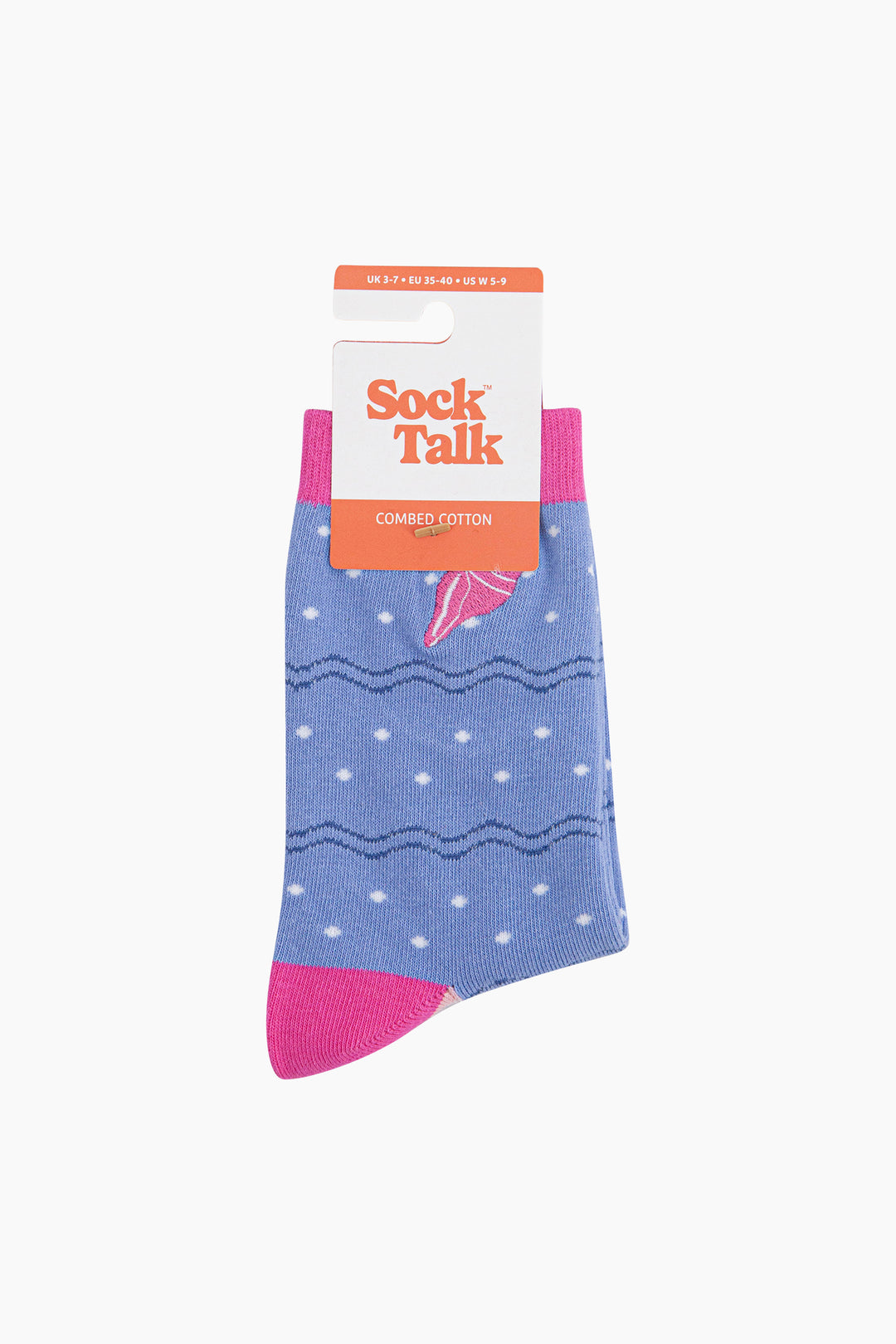 Embroidered-Conch-Shell-Combed-Cotton-Socks-in-Blue-Pink-In-Packaging