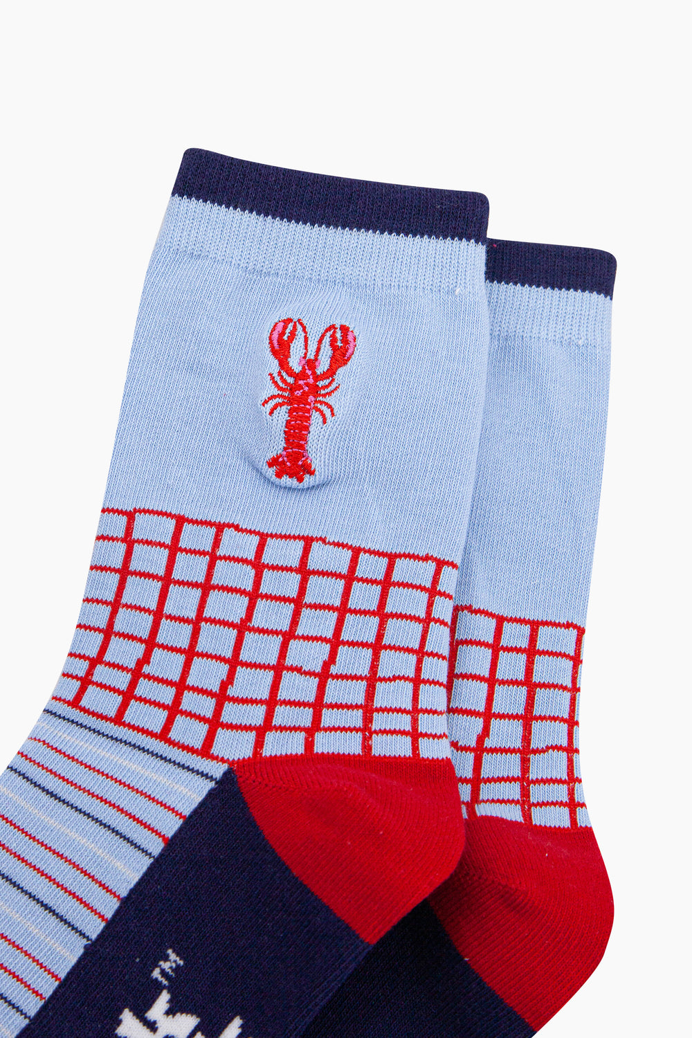 Embroidered-Lobster-Combed-Cotton-Socks-in-Blue/Red-closeup