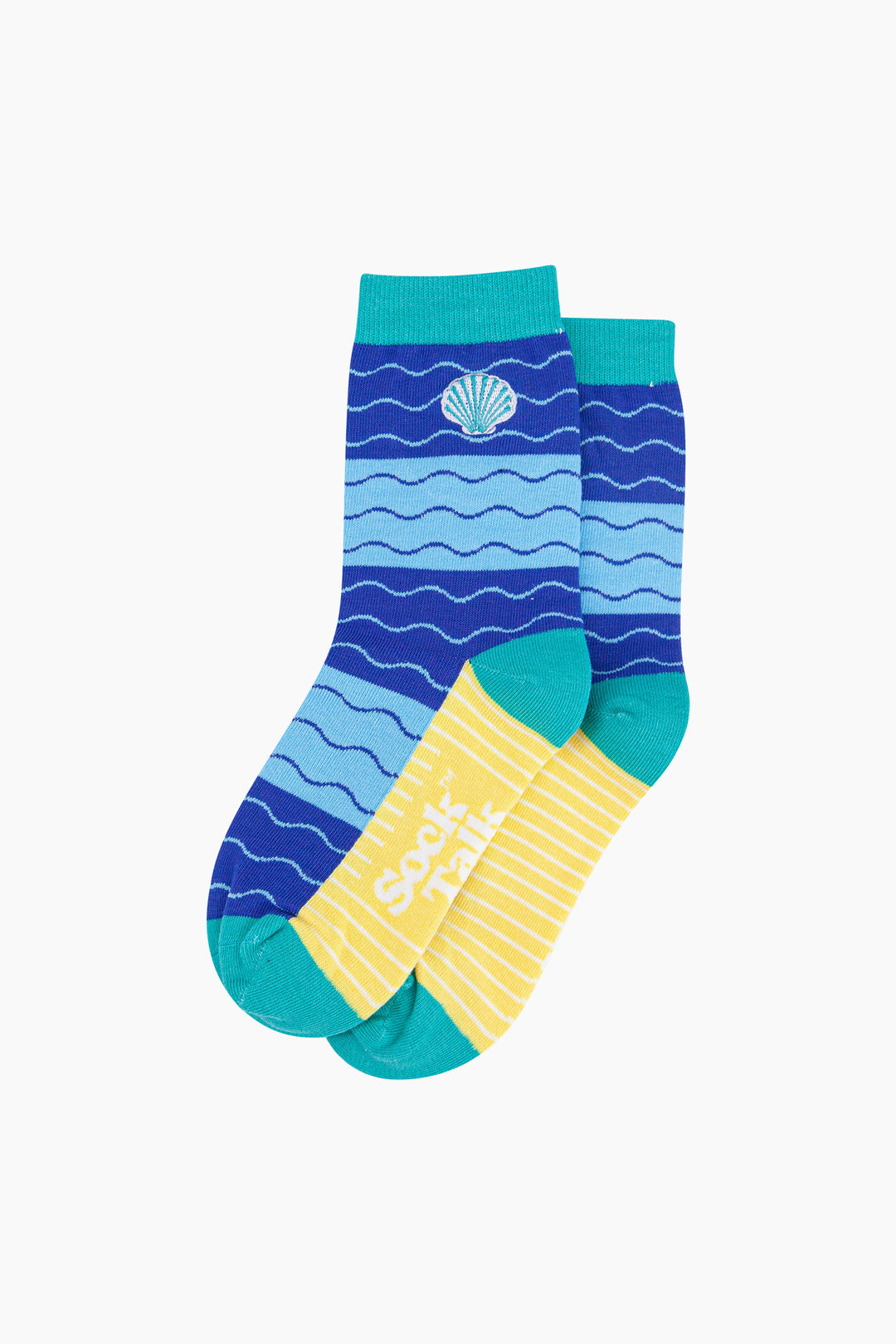Embroidered-Scallop-Shell-Combed-Cotton-Socks-in-Blue-Lying-Flat