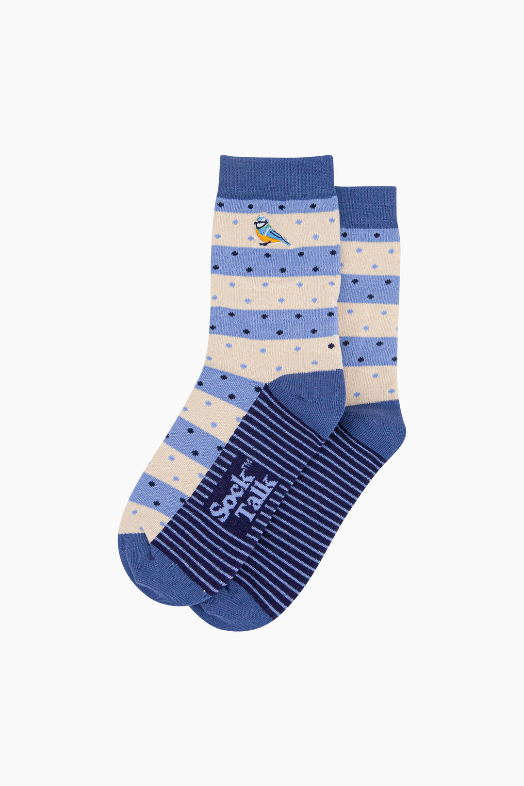 Embroidered-Blue-Tits-Combed-Cotton-Socks-in-Blue-Lying-Flat