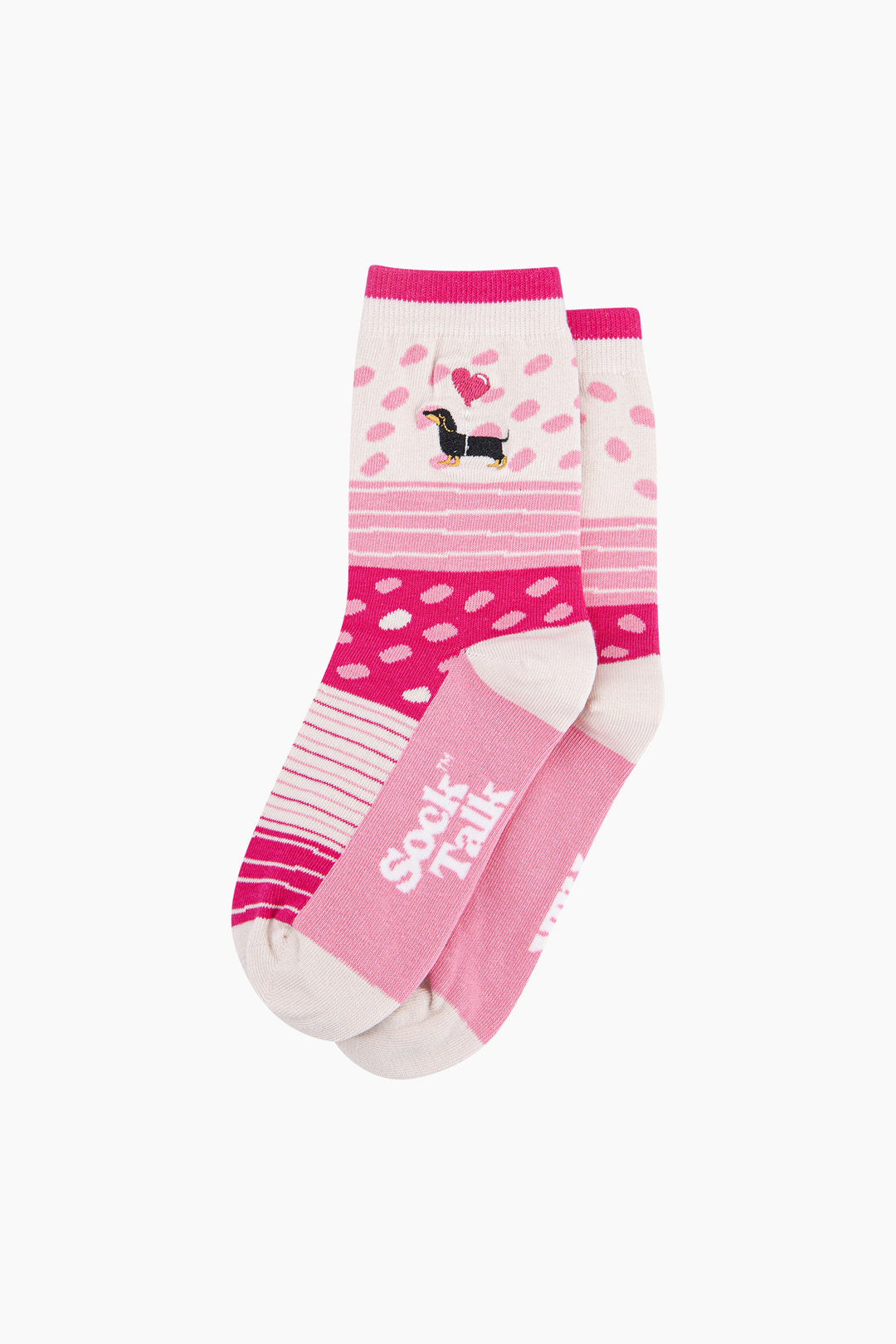 Embroidered-Sausage-Dog-Heart-Balloon-Combed-Cotton-Socks-in-Pink-Lying-Flat
