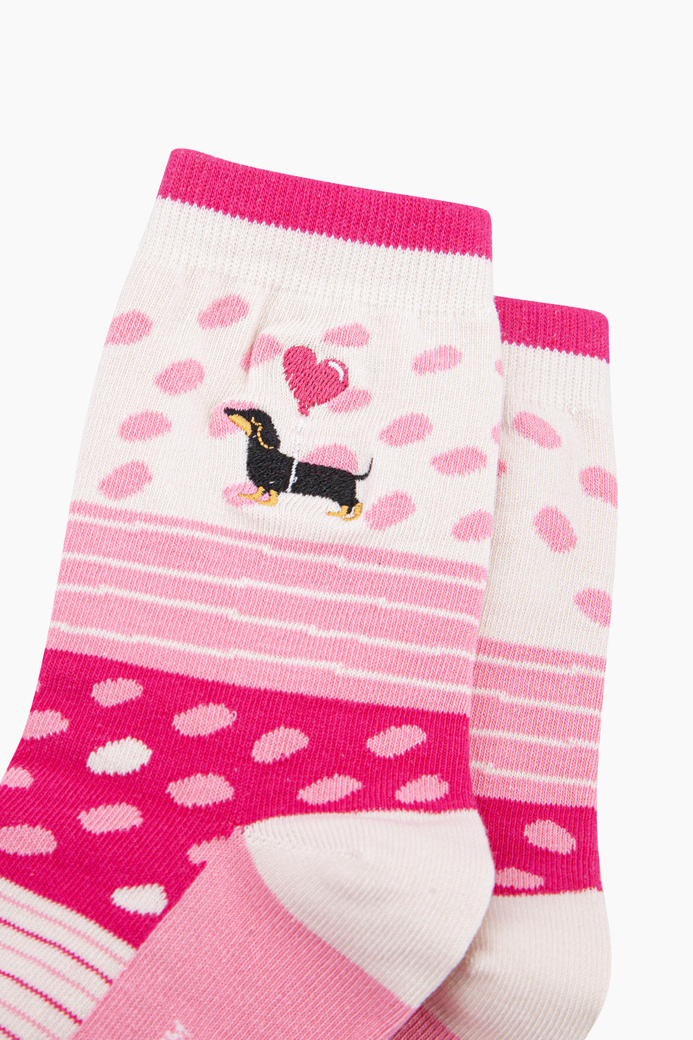 Embroidered-Sausage-Dog-Heart-Balloon-Combed-Cotton-Socks-in-Pink-Closeup