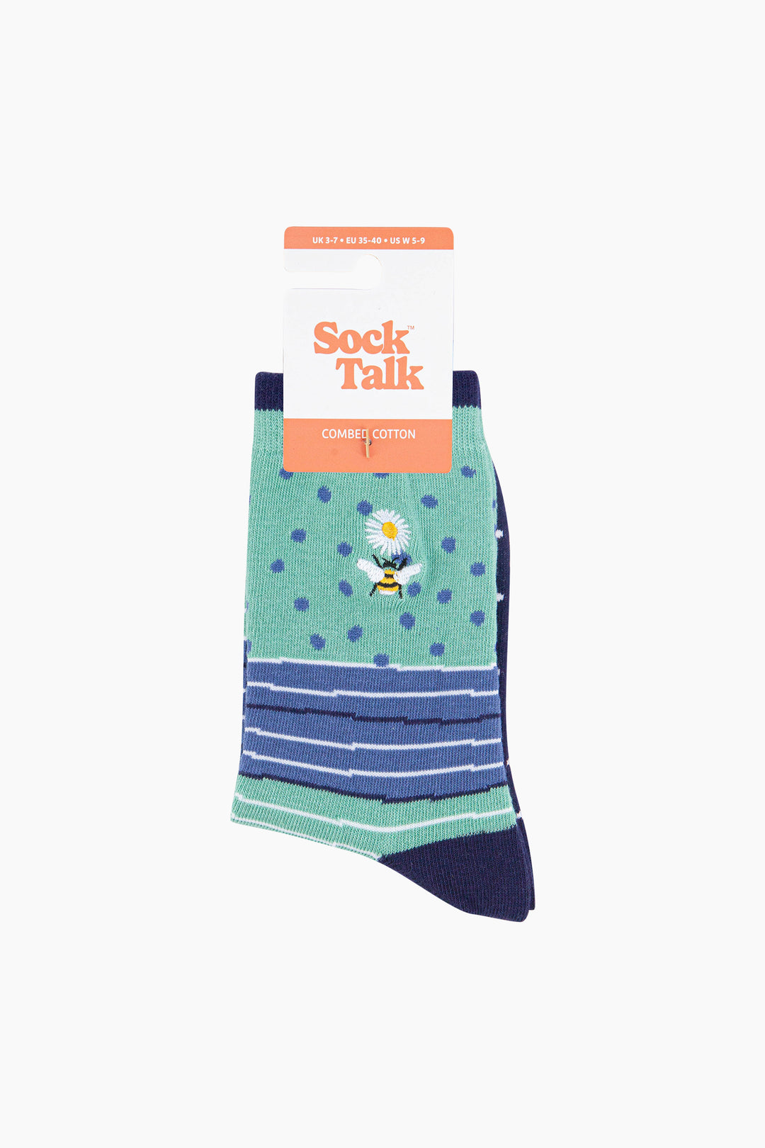 Embroidered-Bee-Daisy-Combed-Cotton-Socks-in-Green-in-packaging
