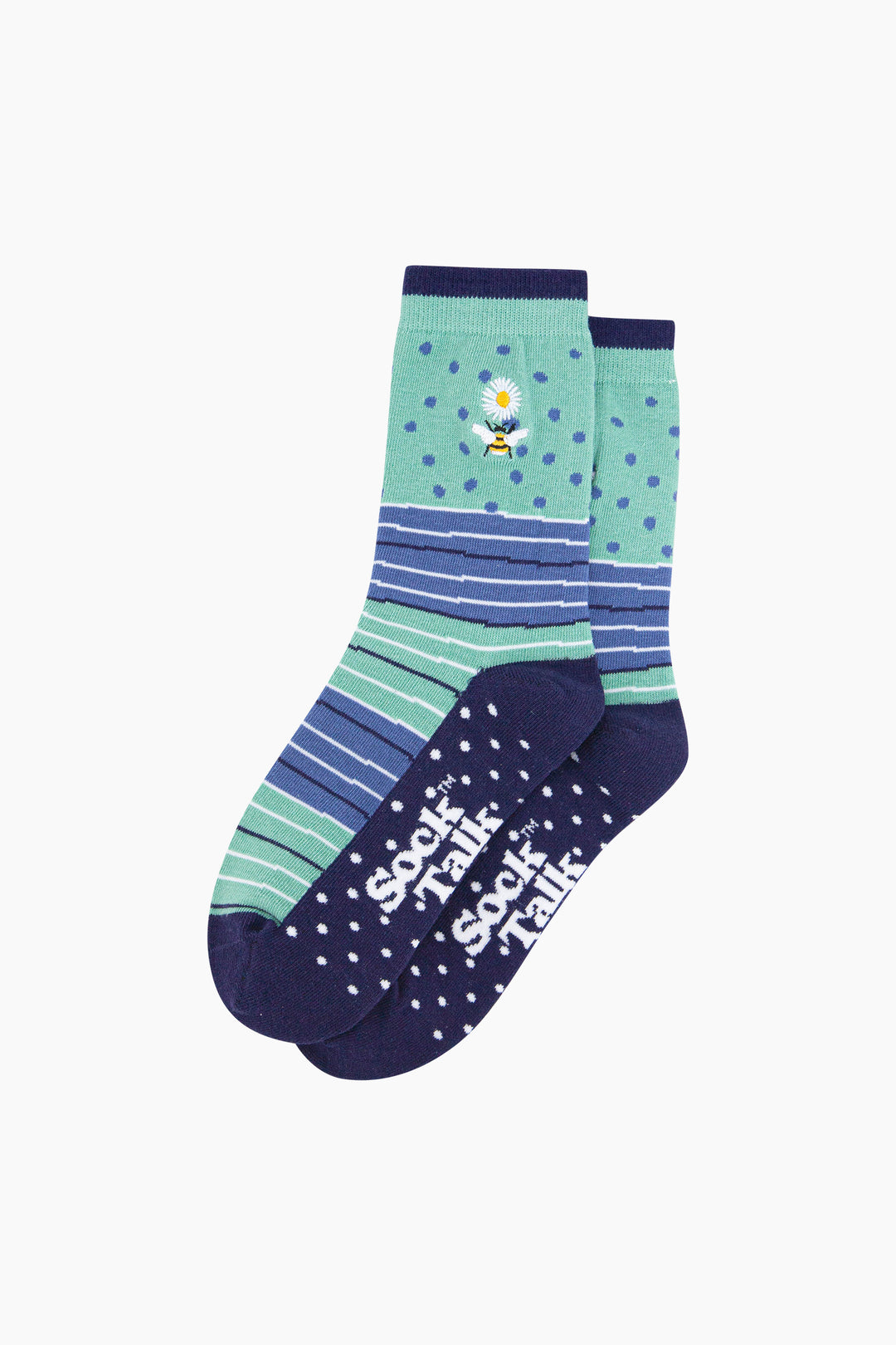 Embroidered-Bee-Daisy-Combed-Cotton-Socks-in-Green-lying-flat