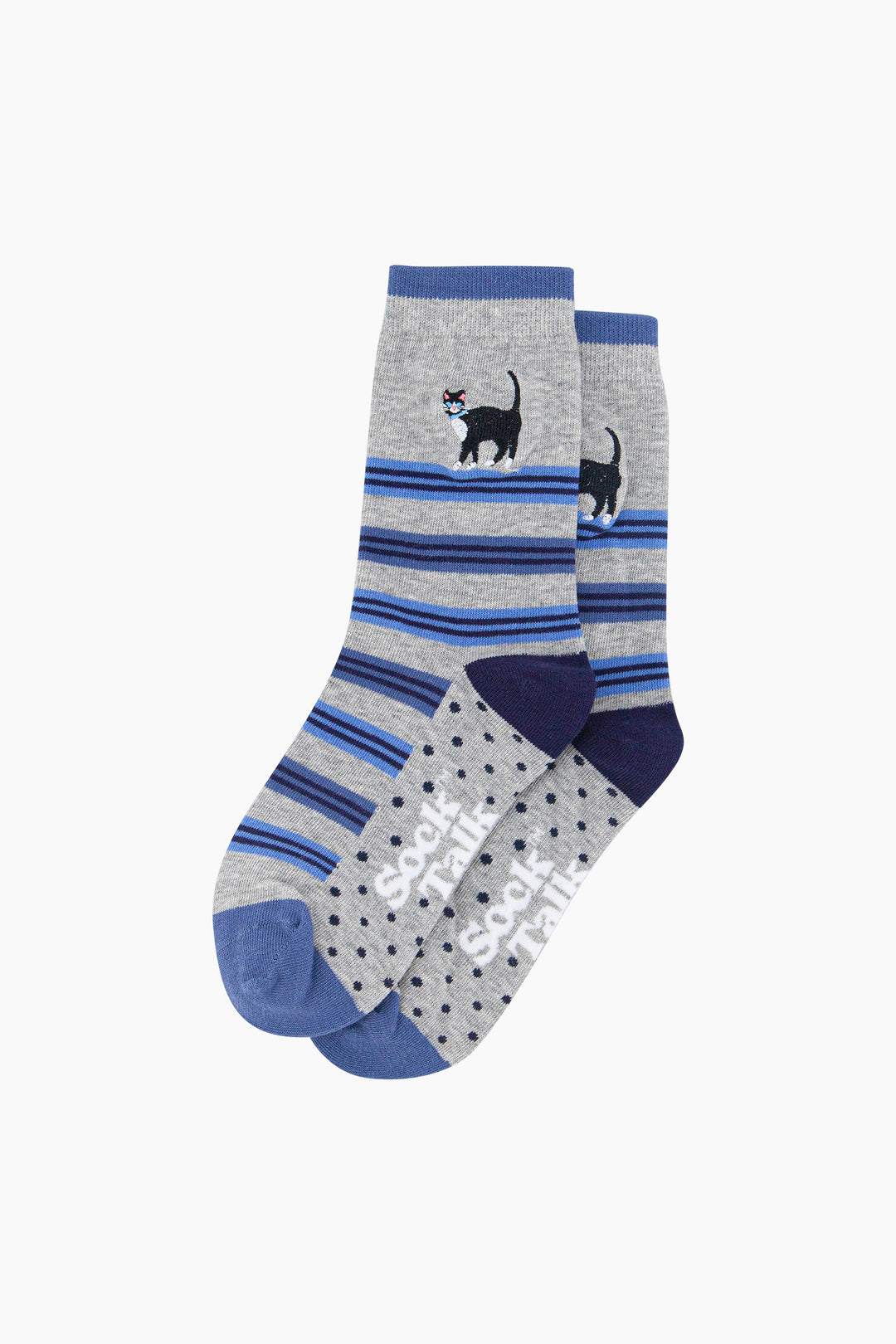 Embroidered-Cat-Combed-Cotton-Socks-in-Grey-Lying-Flat