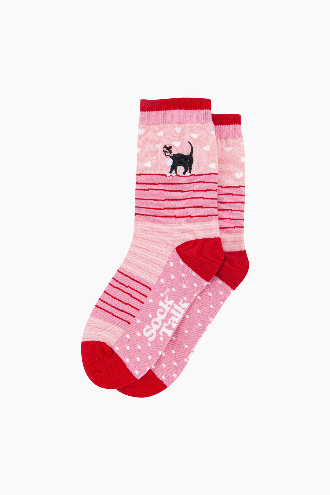 Embroidered-Cat-Combed-Cotton-Socks-in-Pink-lying-flat