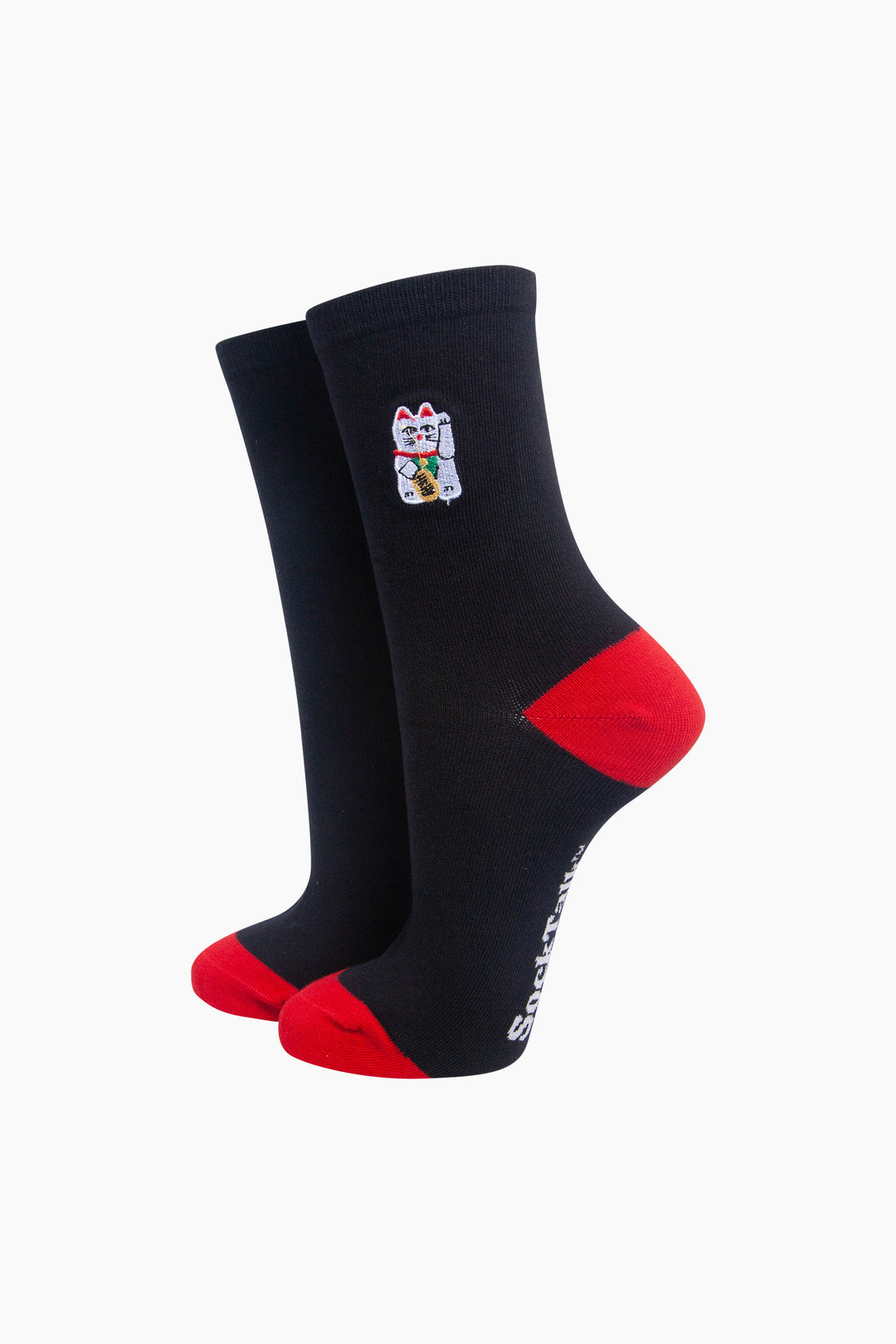 Lucky-Cat-Combed-Cotton-Embroidered-Socks-in-Black/Red-On-Mannequin