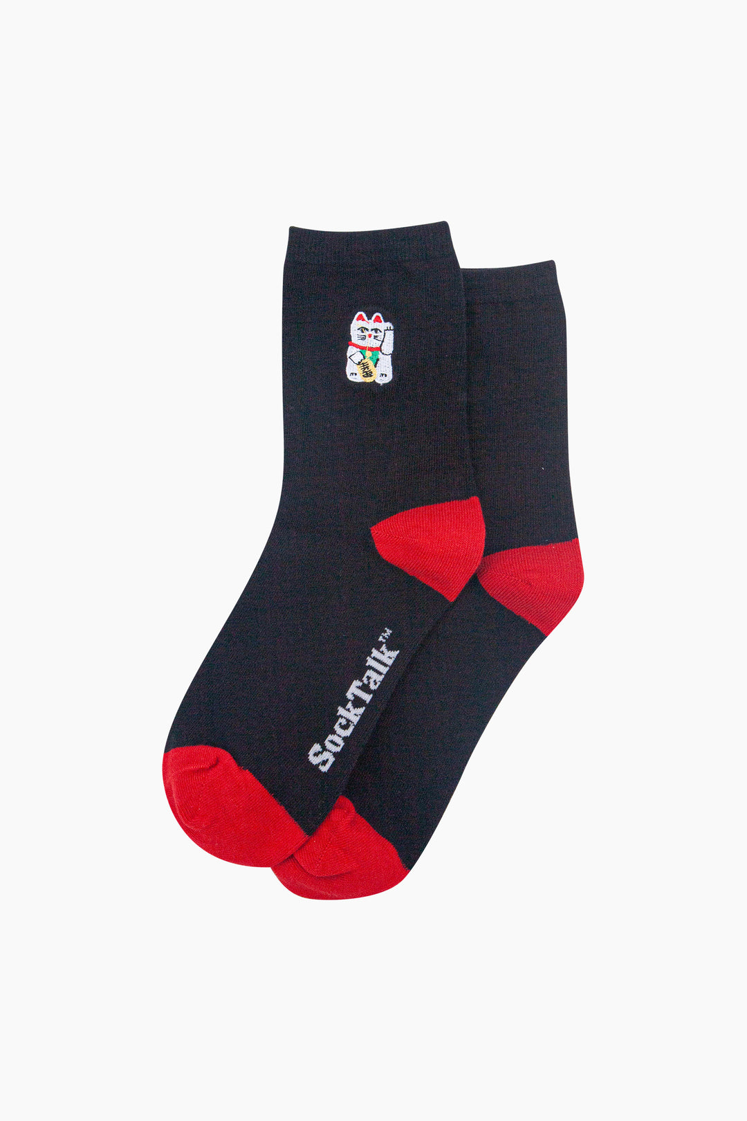 Lucky-Cat-Combed-Cotton-Embroidered-Socks-in-Black/Red-Laid-Flat
