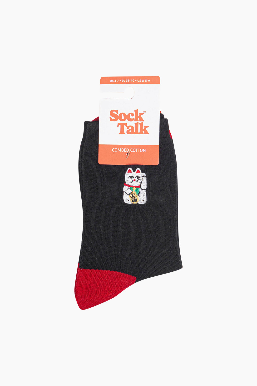 Lucky-Cat-Combed-Cotton-Embroidered-Socks-in-Black/Red-In-Packaging