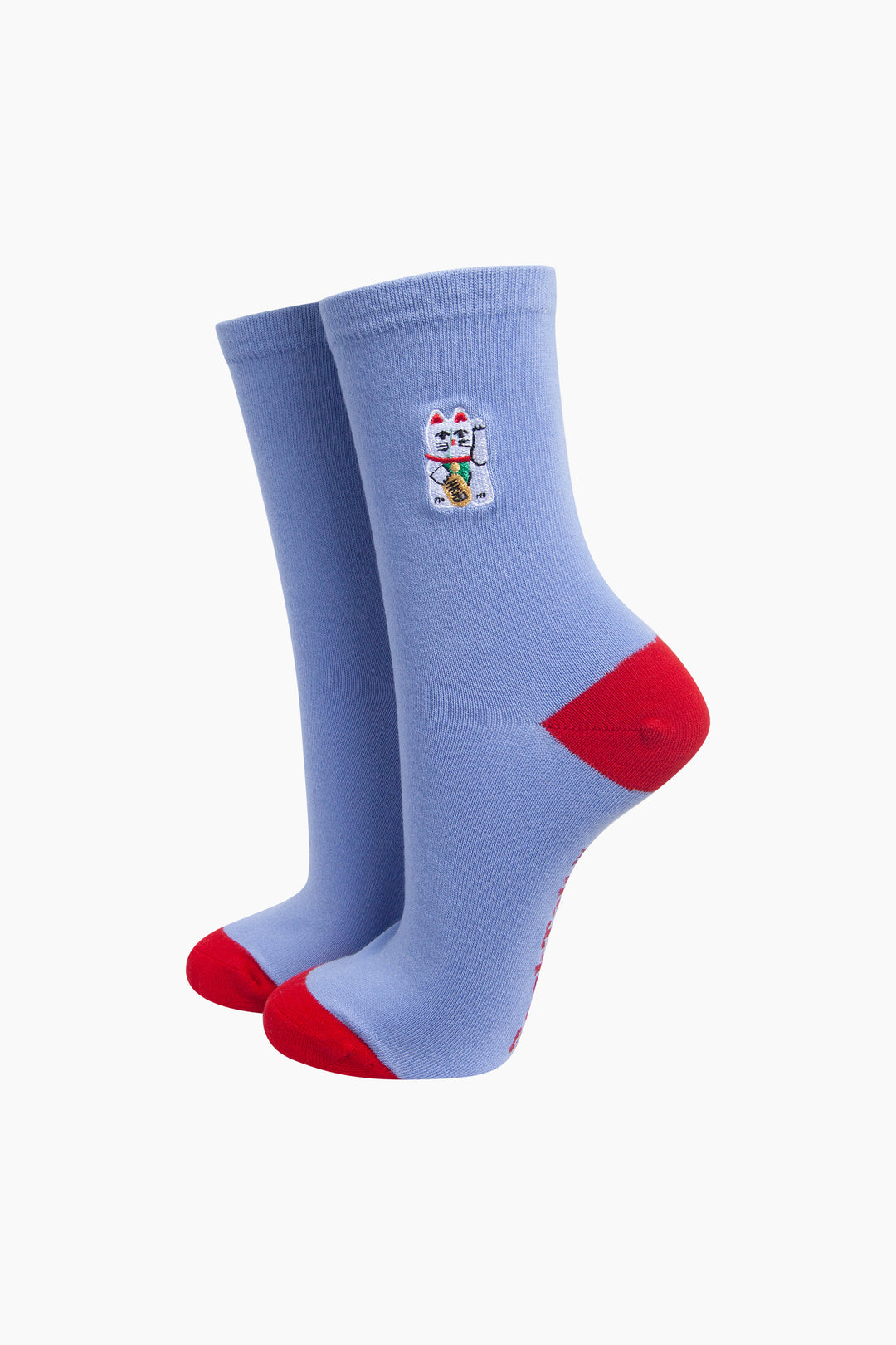 Lucky-Cat-Combed-Cotton-Embroidered-Socks-in-Blue/Red-On-Mannequin