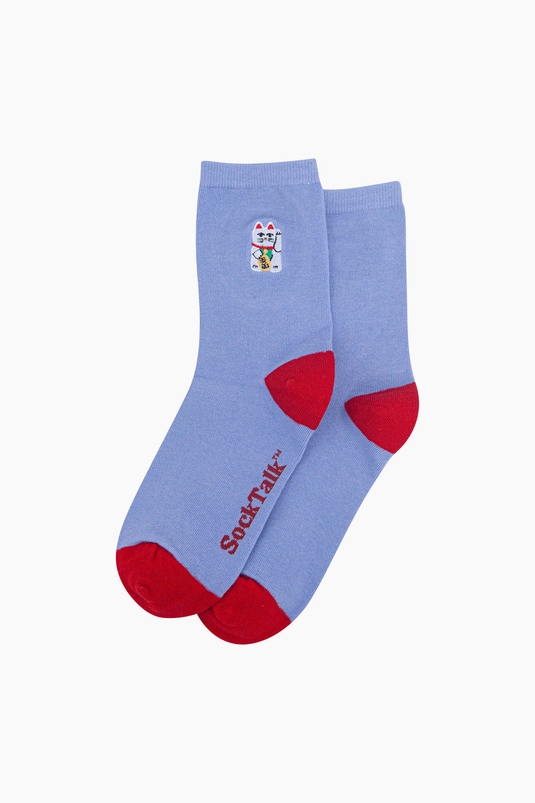 Lucky-Cat-Combed-Cotton-Embroidered-Socks-in-Blue/Red-Laid-Flat
