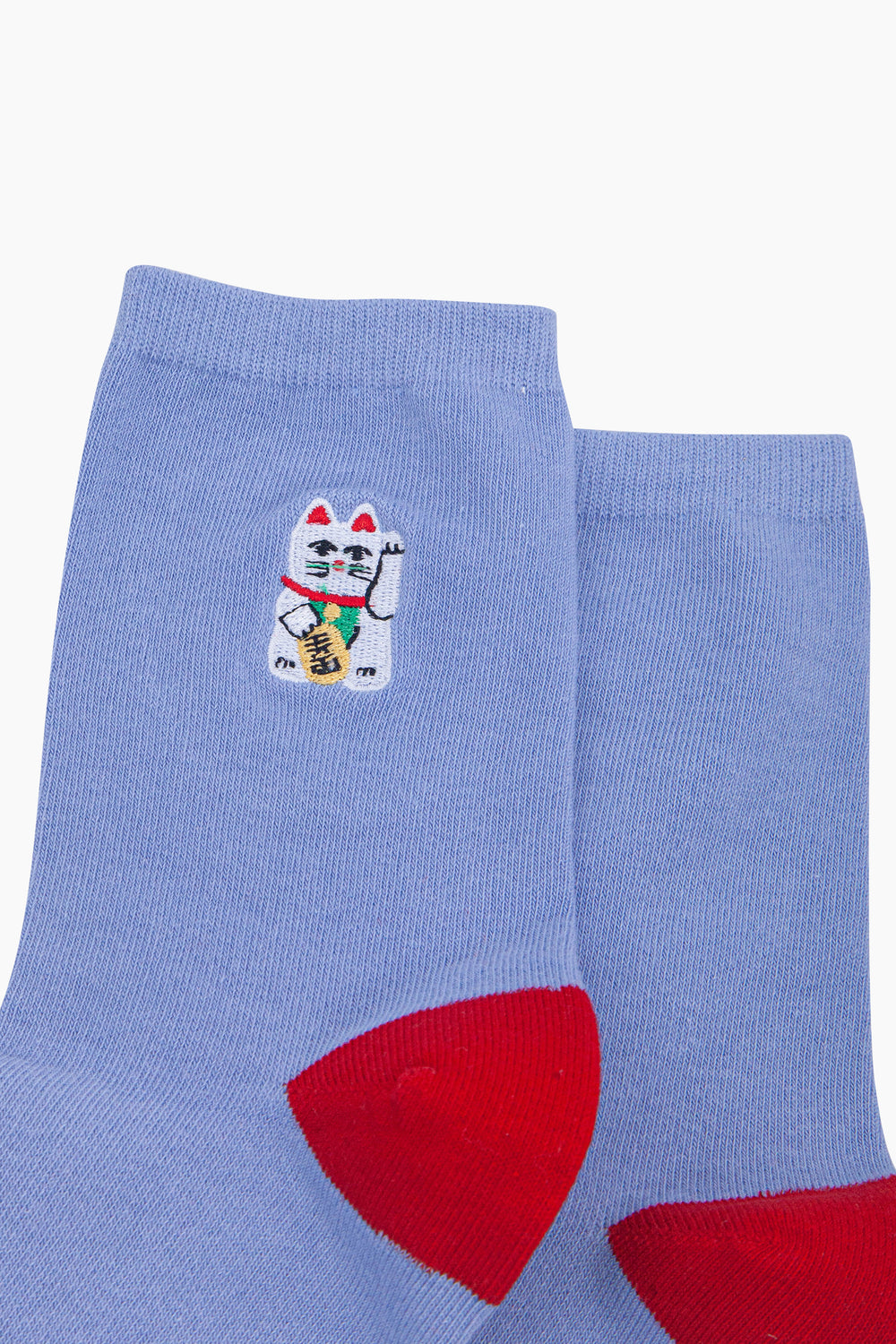 Lucky-Cat-Combed-Cotton-Embroidered-Socks-in-Blue/Red-Close-Up