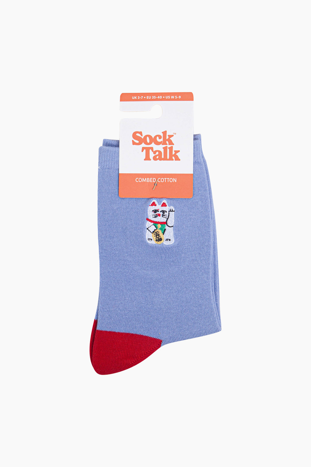 Lucky-Cat-Combed-Cotton-Embroidered-Socks-in-Blue/Red-In-Packaging