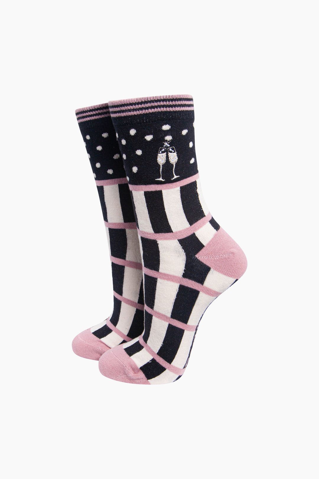 Champagne Glasses Combed Cotton Pattern Embroidered Socks in Black