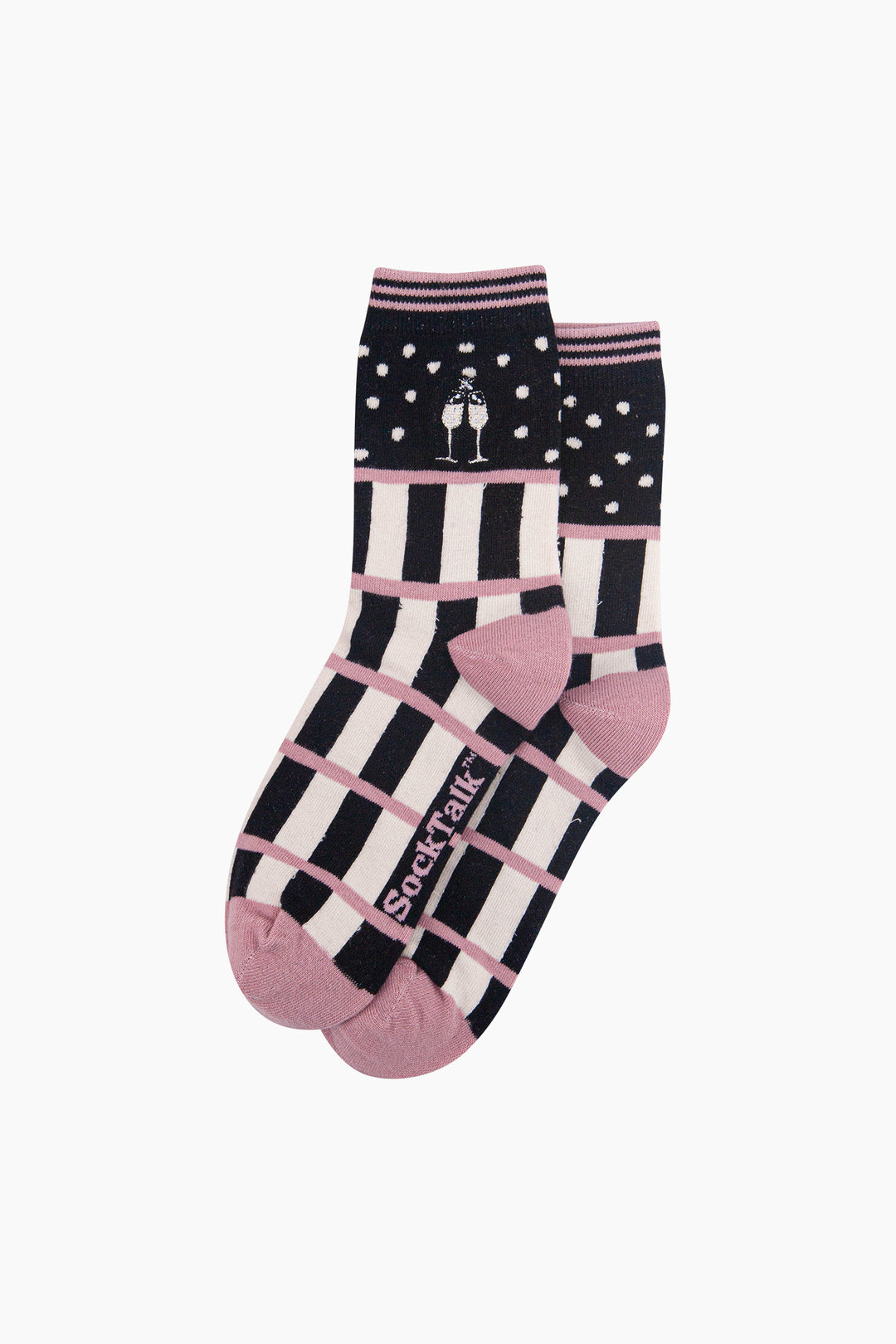 Champagne-Glasses-Combed-Cotton-Pattern-Embroidered-Socks-in-Black-Laid-Flat