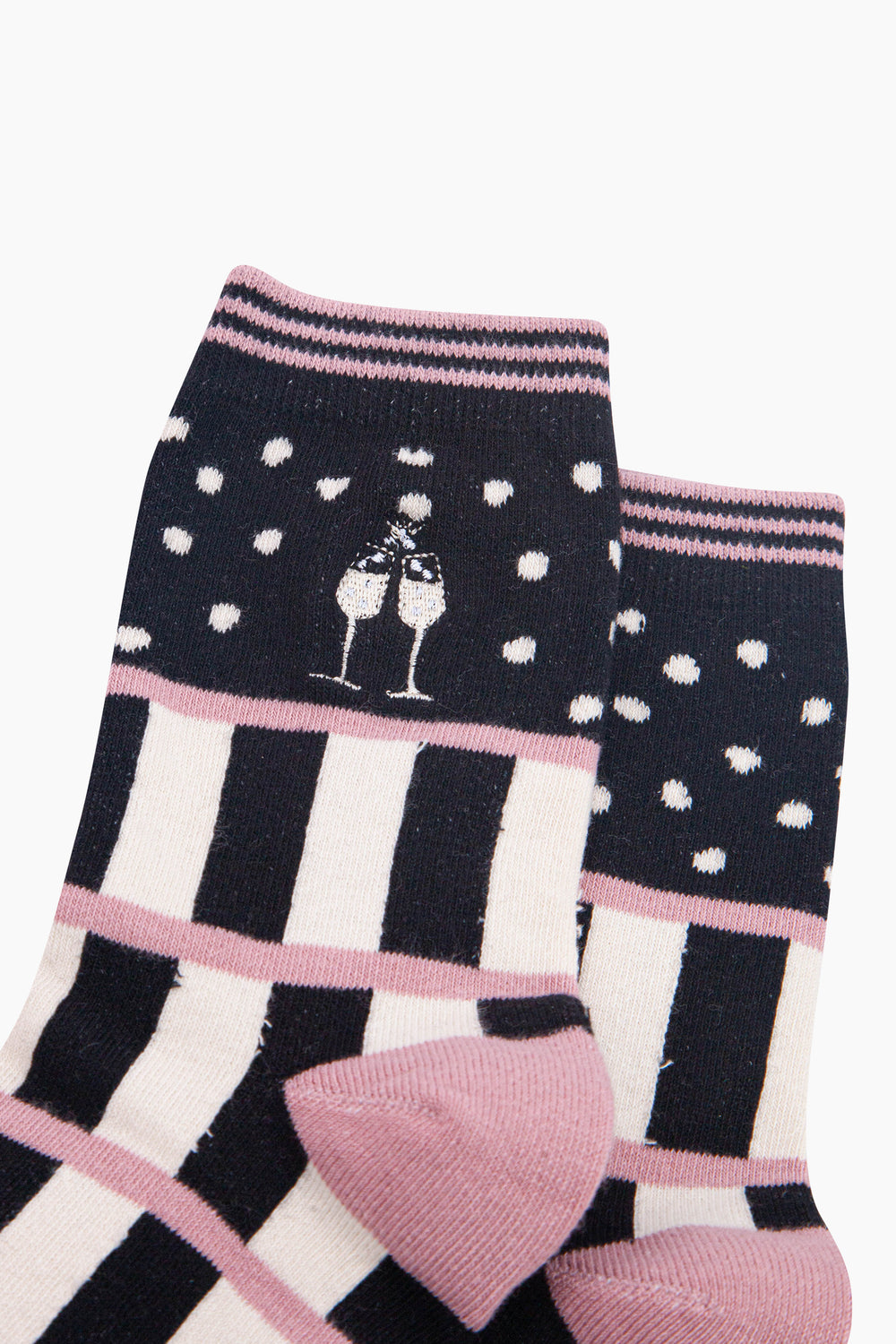 Champagne-Glasses-Combed-Cotton-Pattern-Embroidered-Socks-in-Black-Close-Up