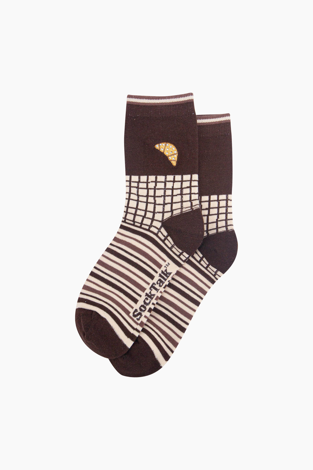 Croissant-Combed-Cotton-Pattern-Embroidered-Socks-in-Brown/Cream-Laid-Flat