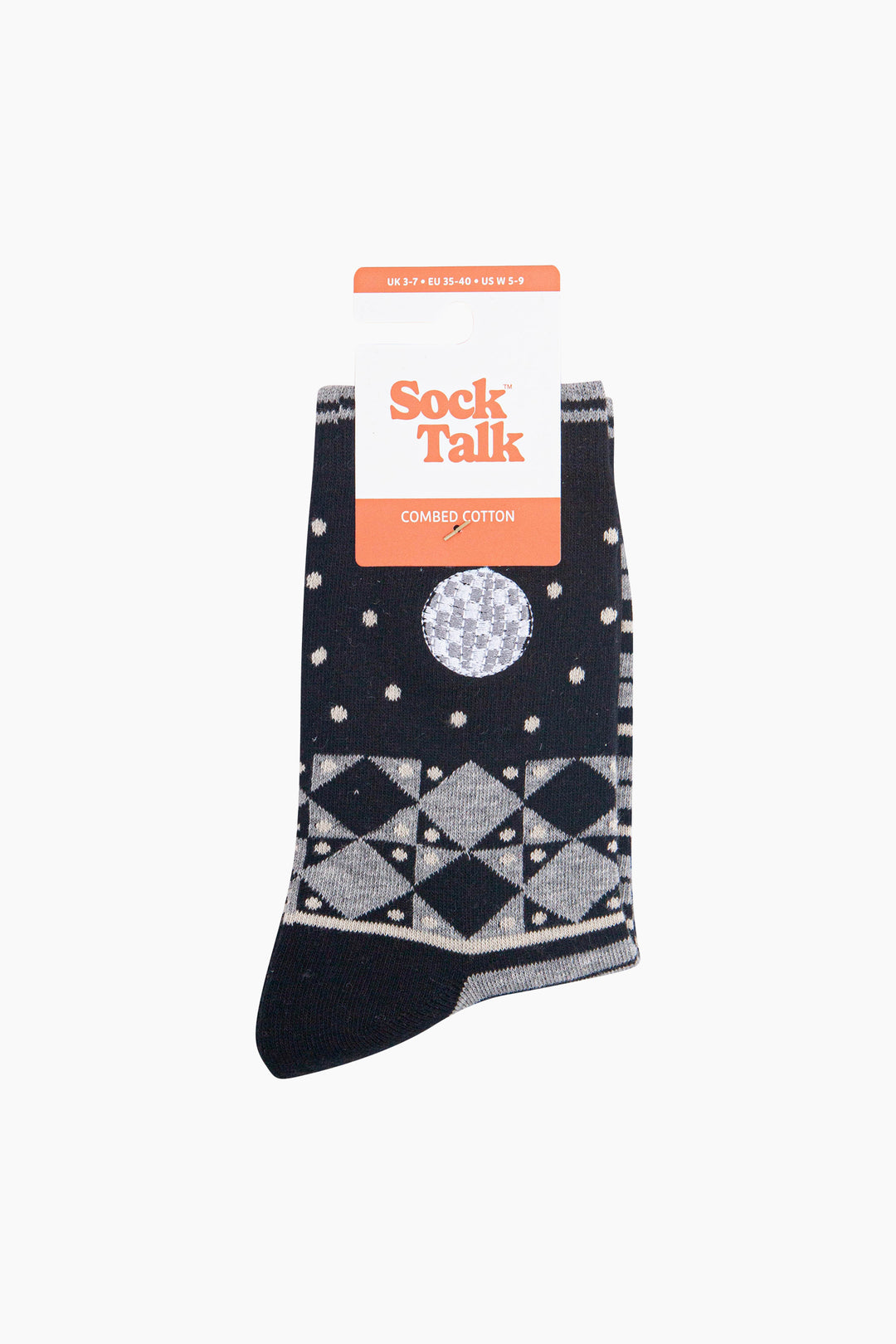 Disco-Ball-Combed-Cotton-Pattern-Embroidered-Socks-in-Black/Grey-Marl-In-Packaging