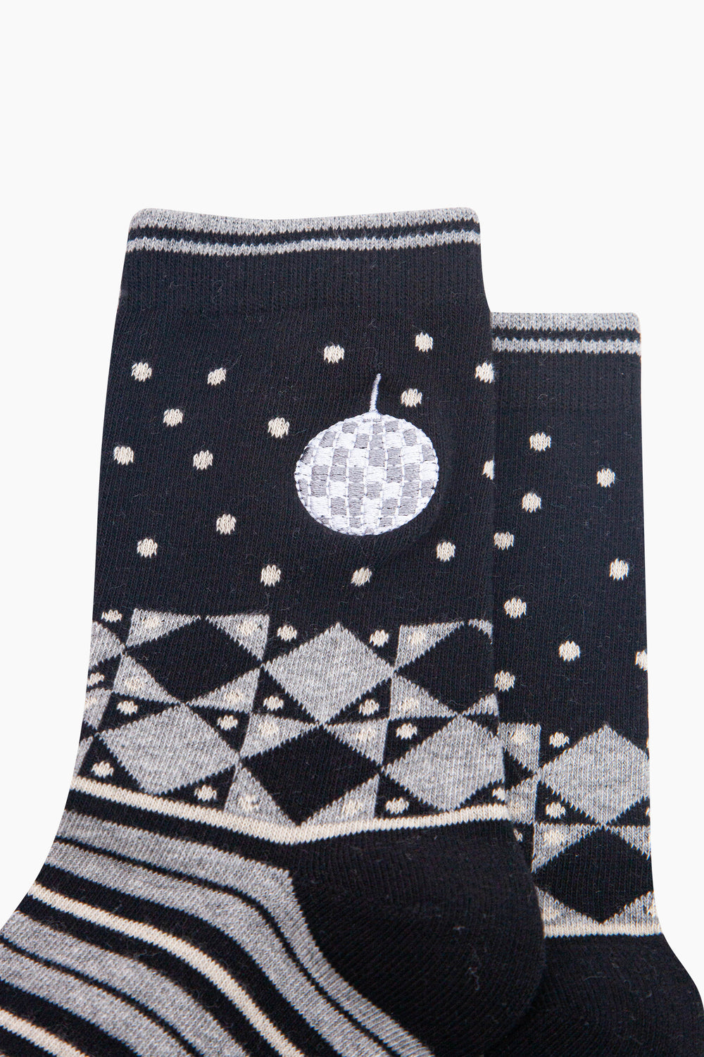 Disco-Ball-Combed-Cotton-Pattern-Embroidered-Socks-in-Black/Grey-Marl-Close-Up