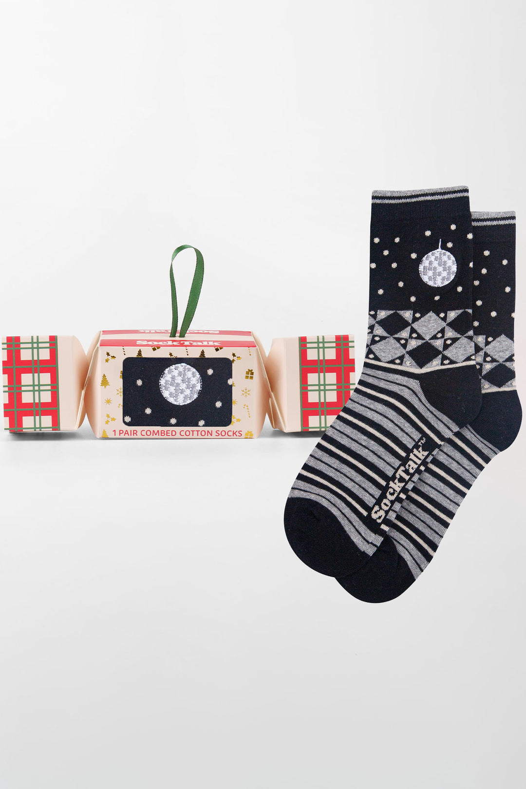 Disco-Ball-Embroidered-Combed-Cotton-Crew-Socks-Christmas-Cracker-Gift-Box-in-Black/Grey Marl