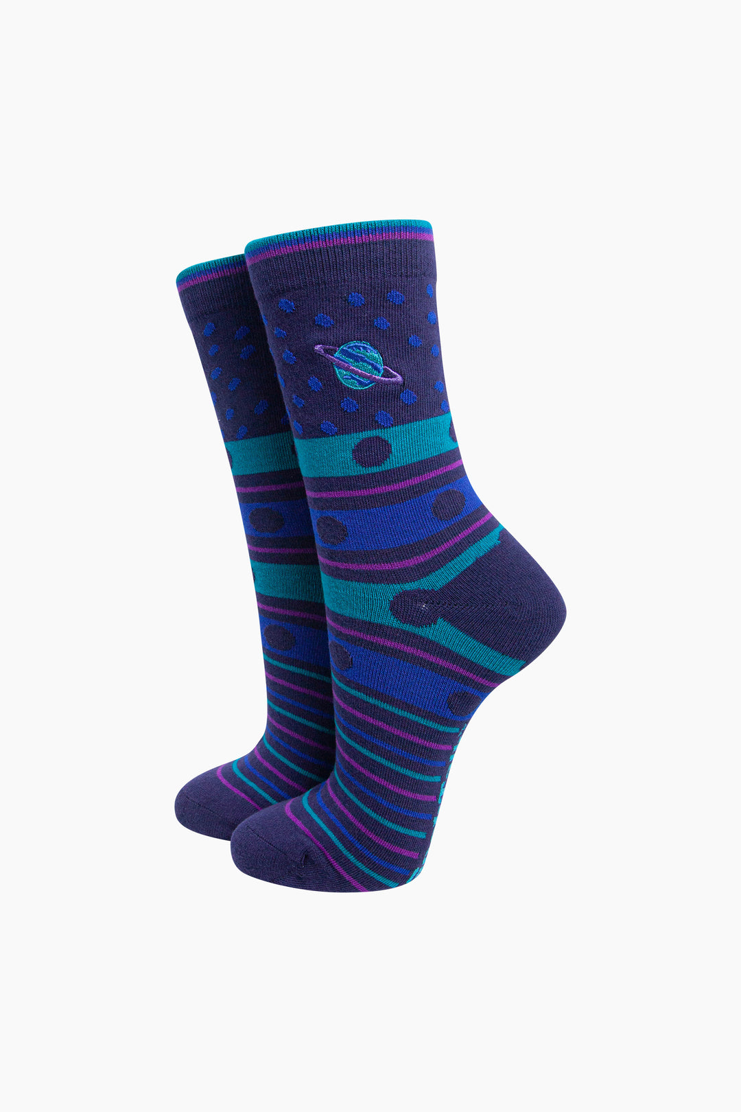 Planet Combed Cotton Pattern Embroidered Socks in Navy Blue