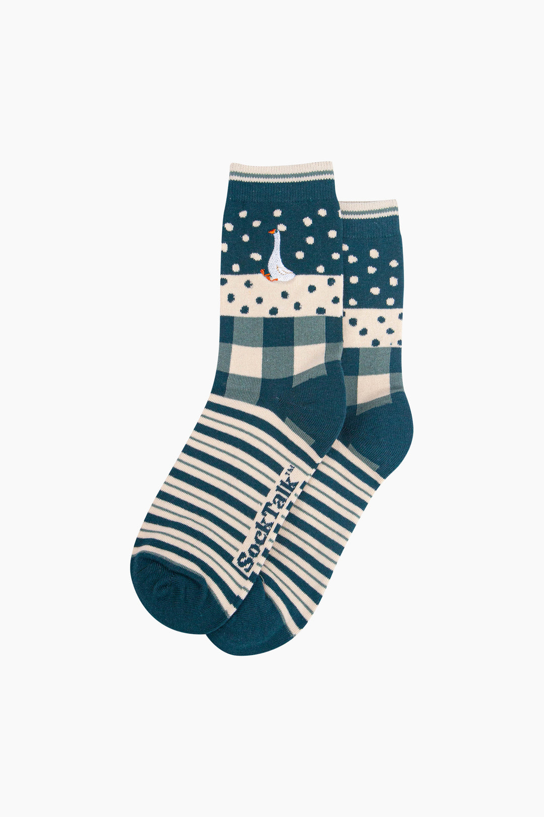 Goose-Combed-Cotton-Pattern-Embroidered-Socks-in-Forest-Green-Laid-Flat