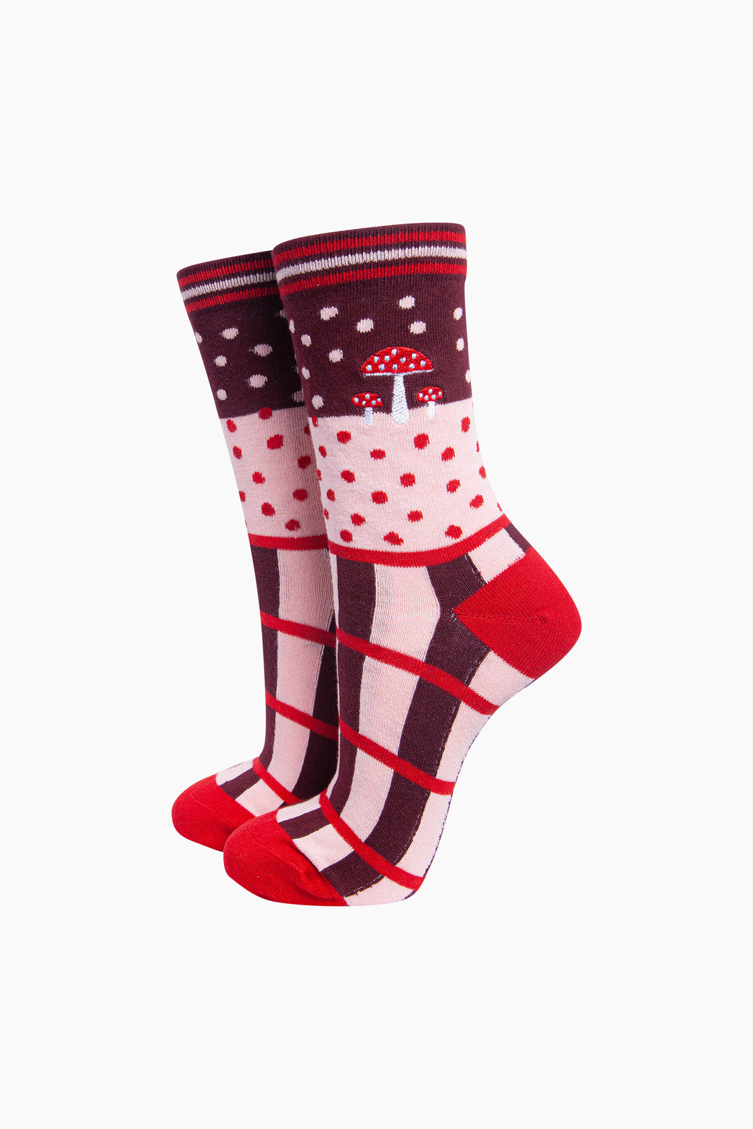Toadstool Combed Cotton Pattern Embroidered Socks in Burgundy
