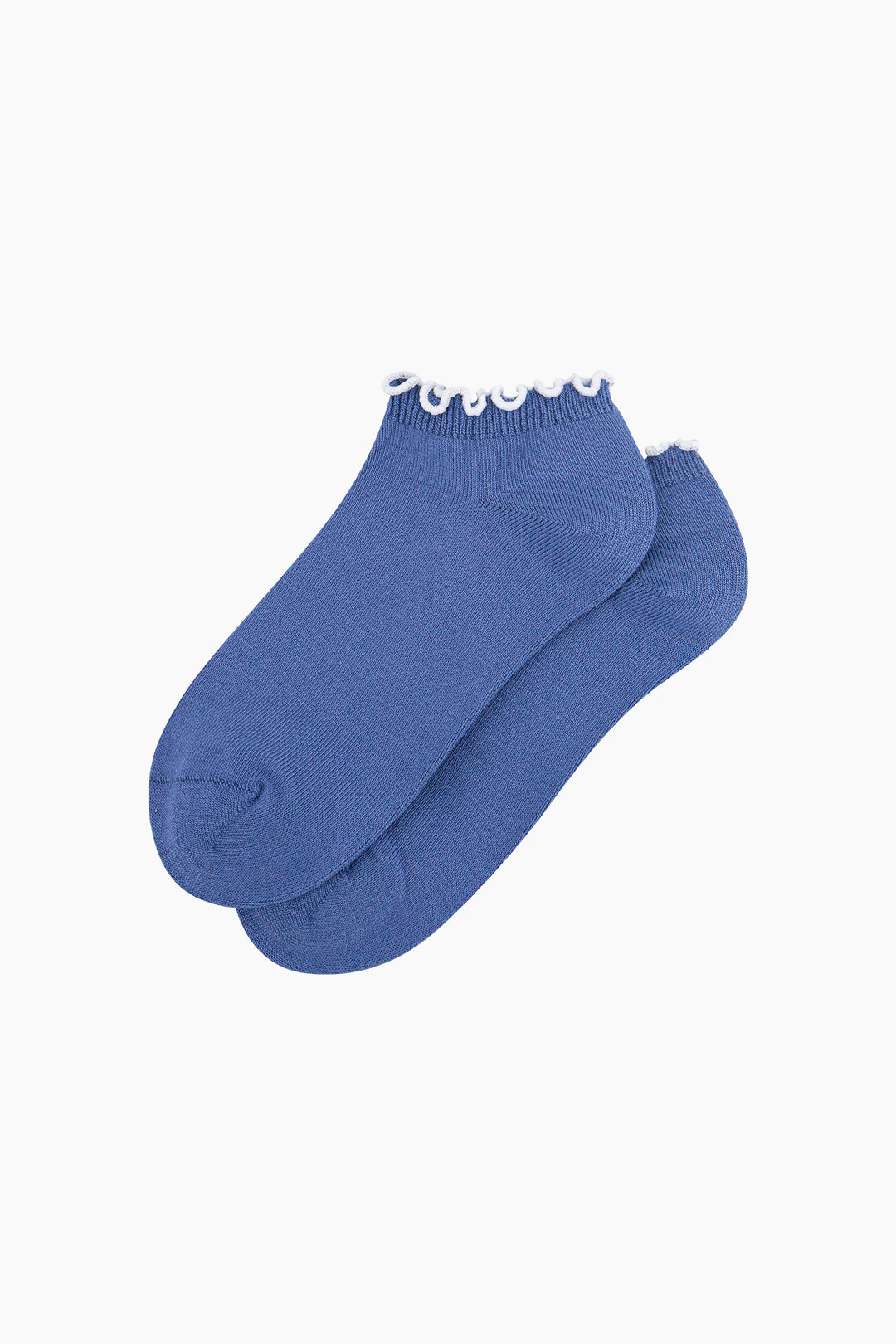 Frilly-Trim-Bamboo-Trainer-Socks-in-Blue-White-Lying-Flat