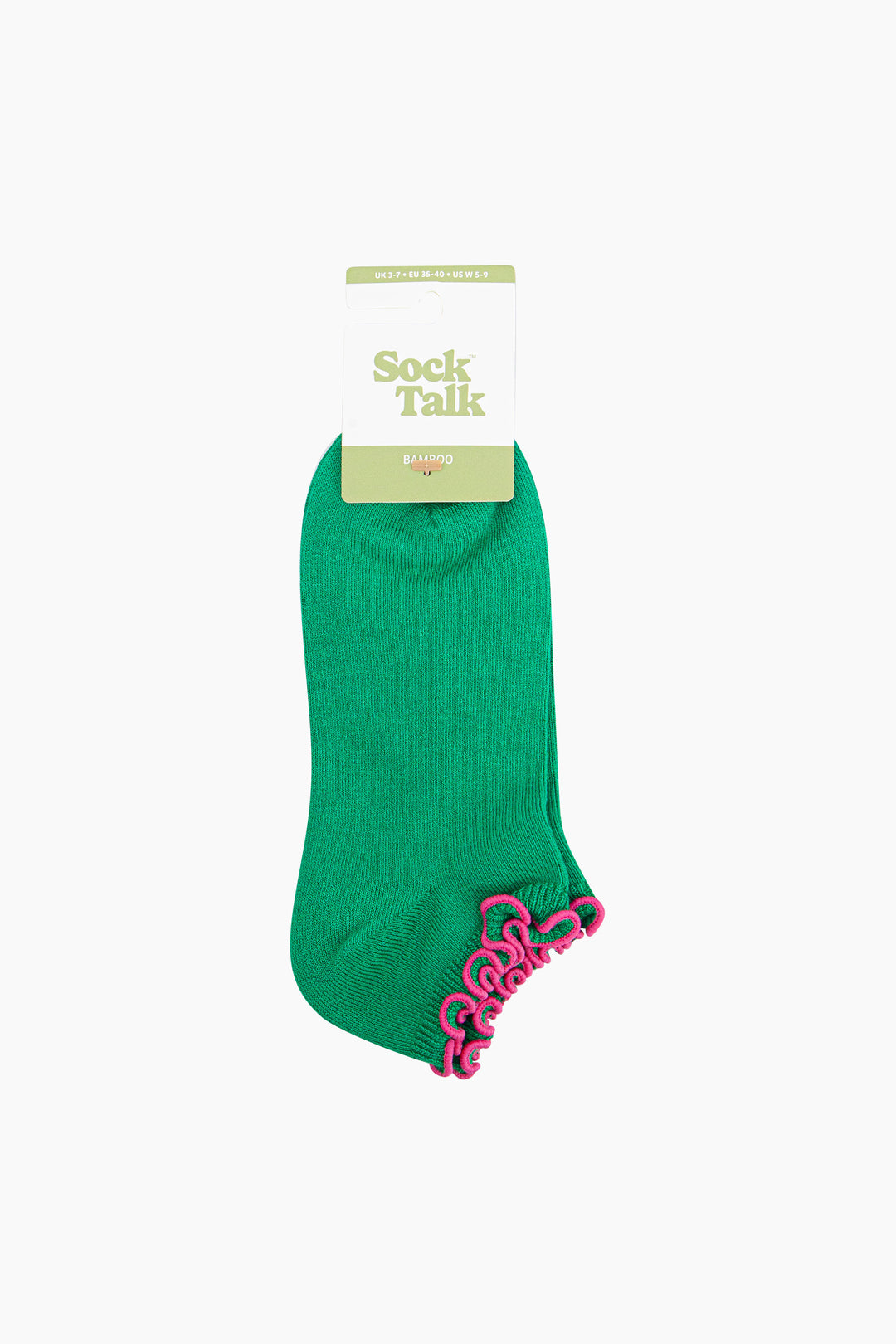 Frilly-Trim-Bamboo-Trainer-Socks-in-Green-Pink-In-Packaging