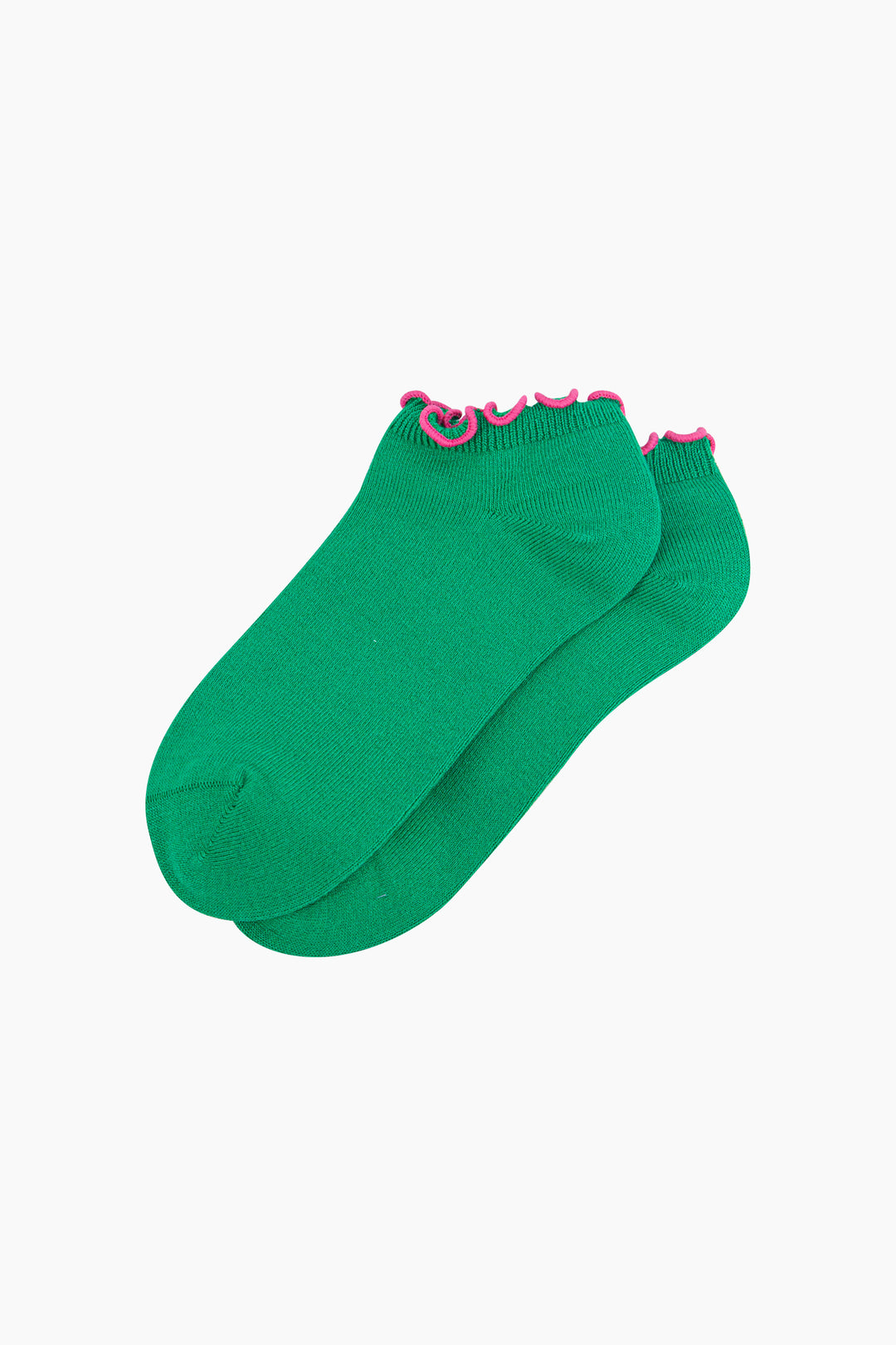 Frilly-Trim-Bamboo-Trainer-Socks-in-Green-Pink-Lying-Flat