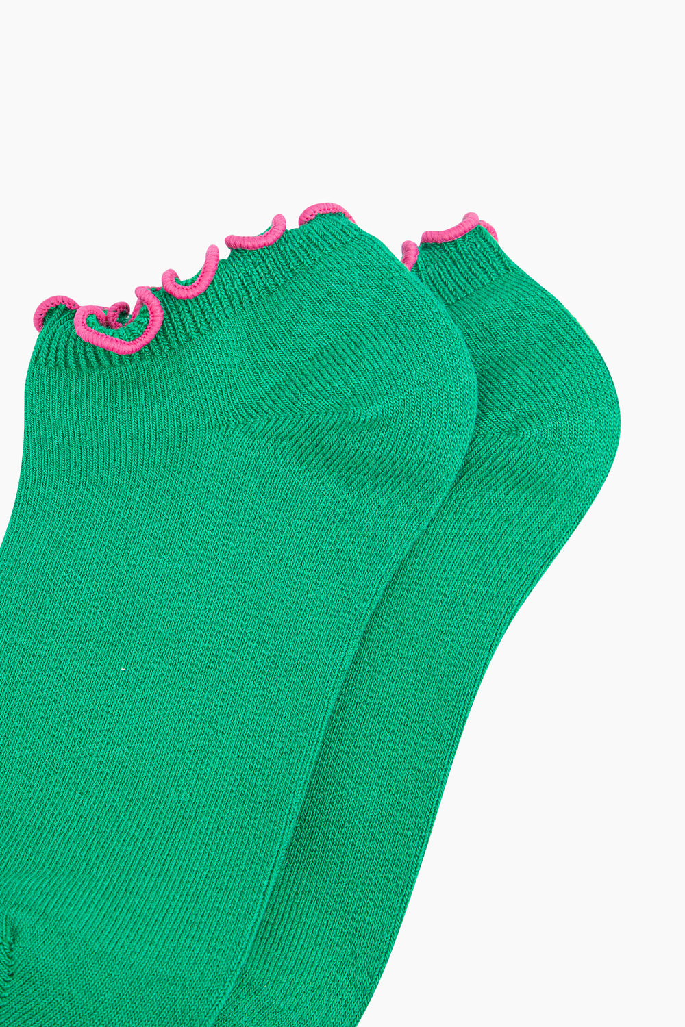 Frilly-Trim-Bamboo-Trainer-Socks-in-Green-Pink-Closeup