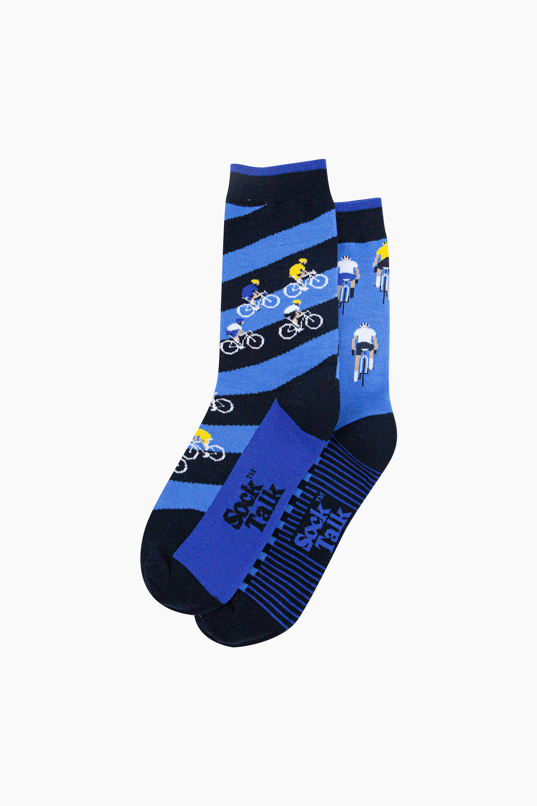 Bike-Race-Stripes-Combed-Cotton-Odd-Socks-in-Blue-Lying-Flat