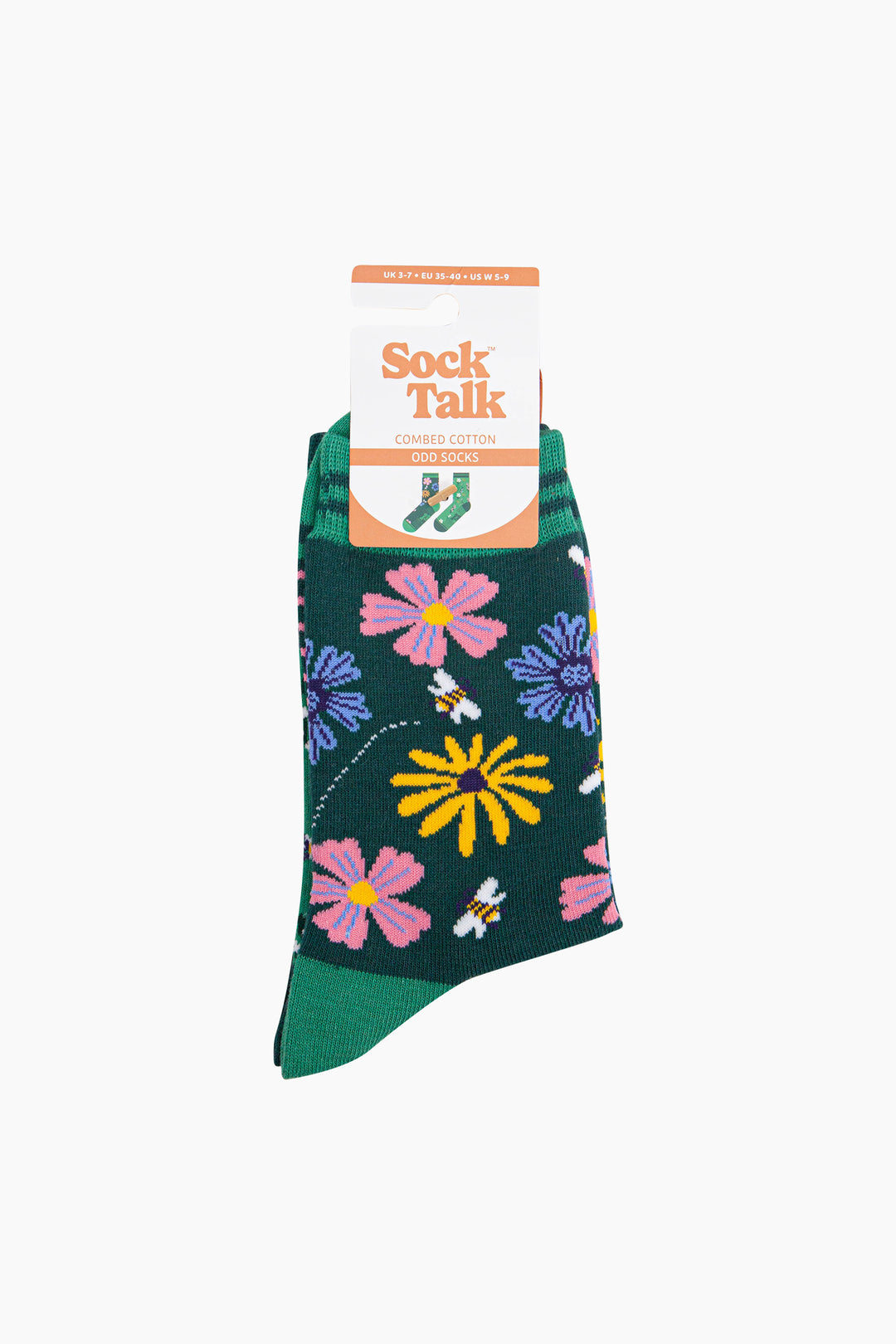 Floral-Combed-Cotton-Odd-Socks-in-Green-In-Packaging